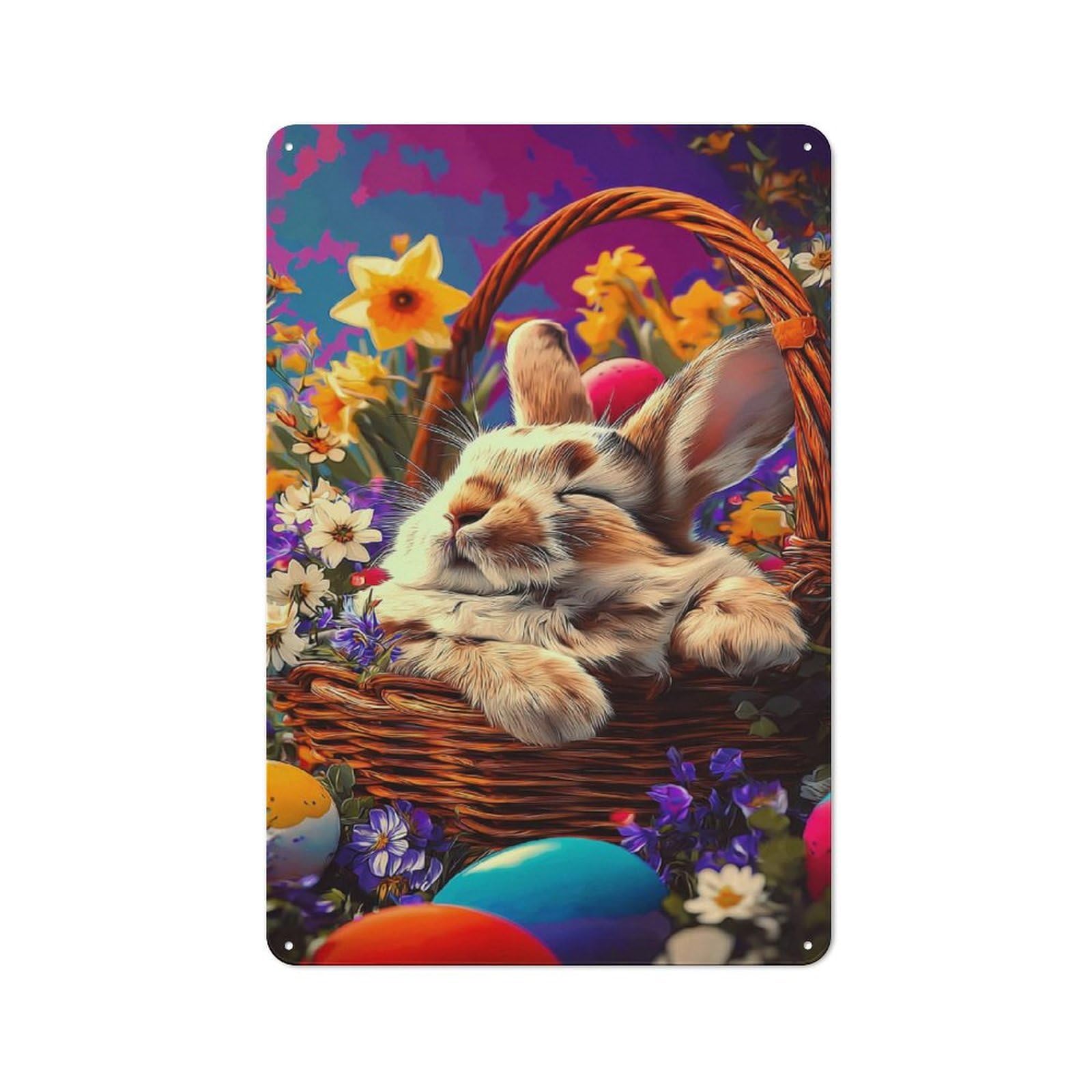 Junmoney Easter Basket With Bunny And Eggs Tin Wall Plaque 30X20cm With For Garage Or Workshop, For Living Room, Hallway And Entrance Wall Decor
