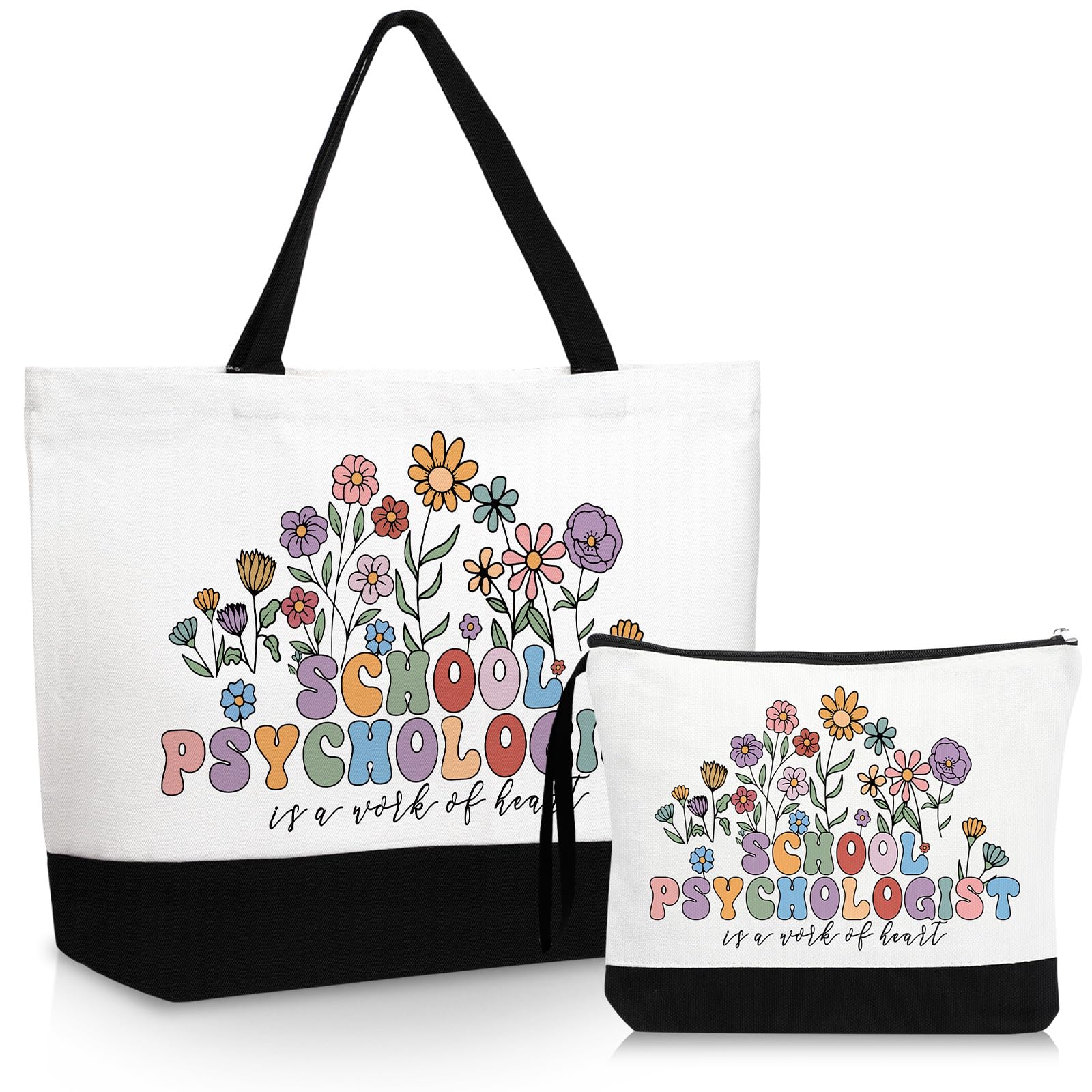 Paterr 2 Pcs School Psychologist Gifts for Women Canvas Tote Bag with Makeup Pouch Floral Reusable Grocery Bag for School Psych Counselor, Teacher Appreciation Gift