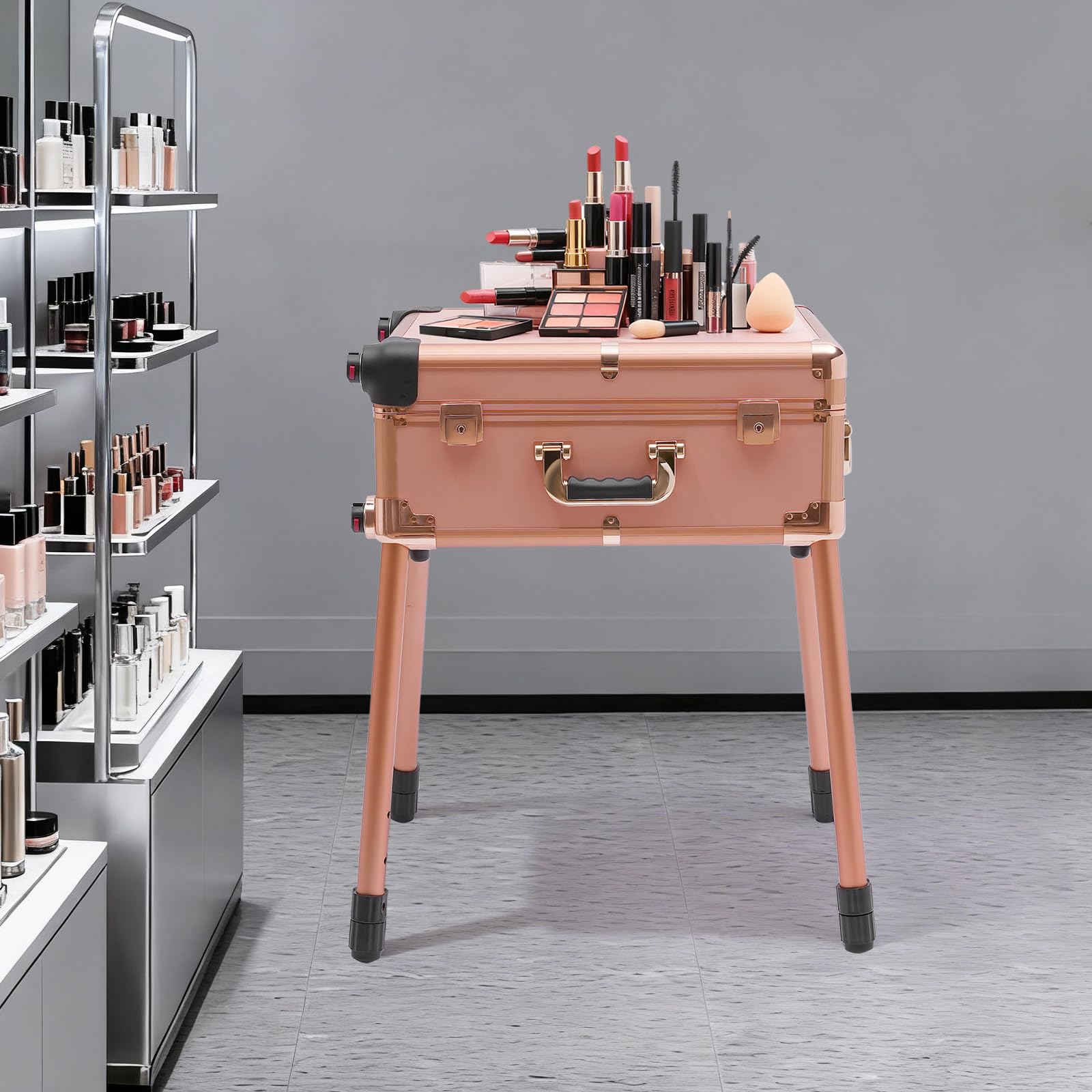 Kosmetikkoffer Trolley mit Spiegel und Licht Mobile Schminkstation Tisch, Einstellbare Höhe und Helligkeit,Alu Friseurkoffer mit Rollen Make up Koffer Beauty Case Nageltisch (Rose Gold)
