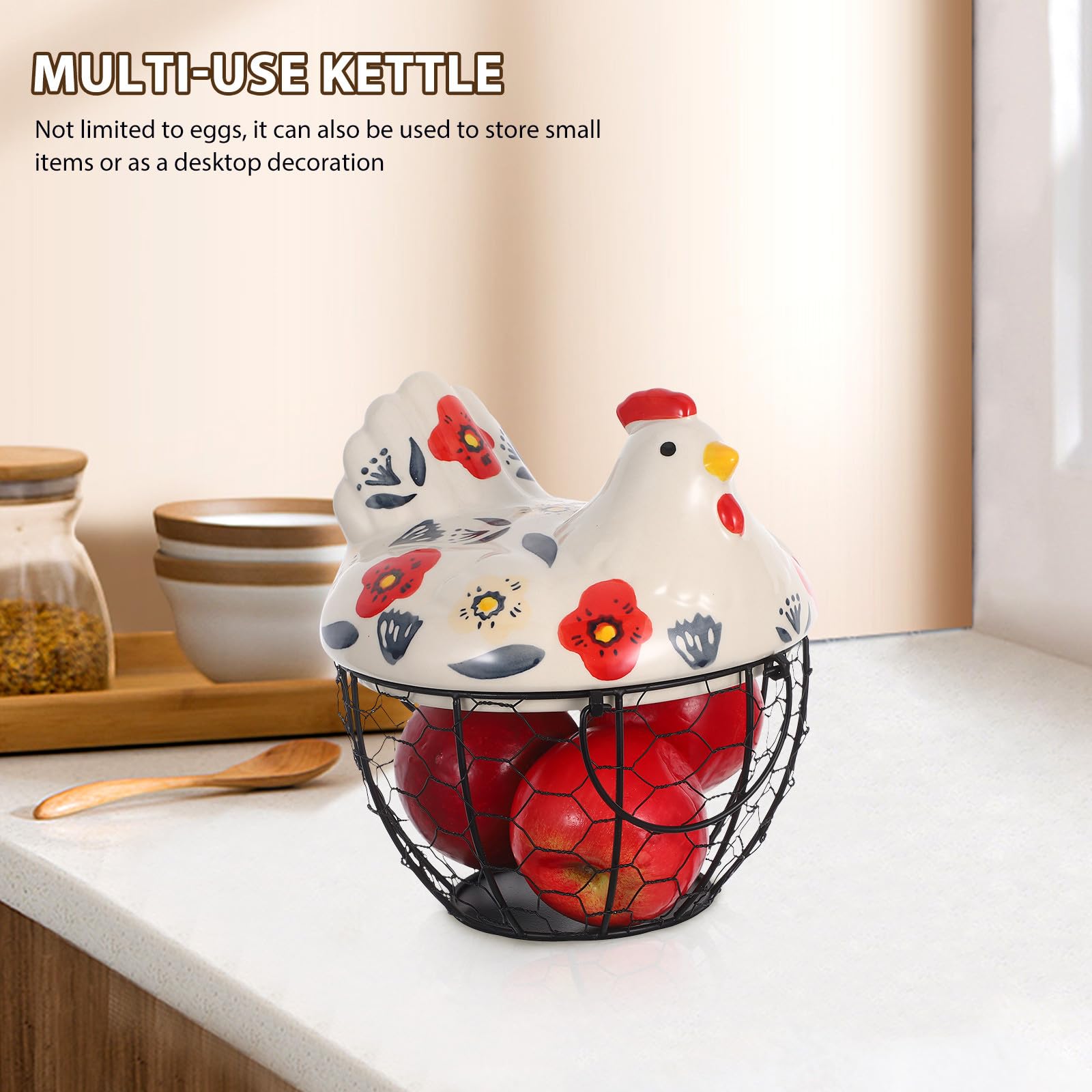 Toyvian Metalowy Koszyk Do Przechowywania Jaj z Ceramiczną Pokrywą Kształcie Kurczaka Lekki i Przenośny Organizer Świeże Jajka Oraz Drobne Przedmioty Do Kuchni i Jadalni Dekoracyjny Kosz