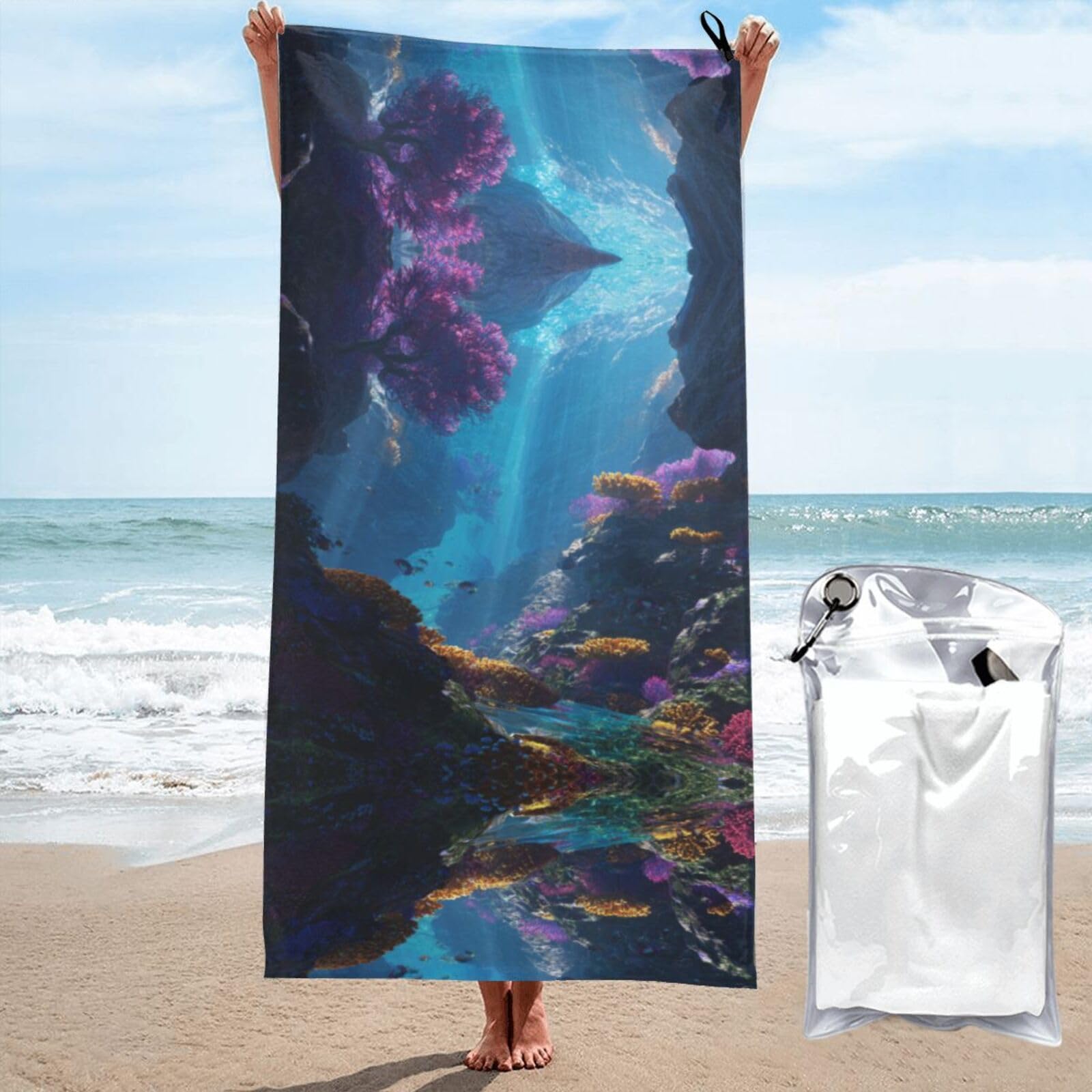 ESNAIUVCD Reef Scenery Print Beach Towel, Microfibre Sauna Towel, Quick-Drying Fitness Towel, Lightweight And Thin Portable Sauna Towel