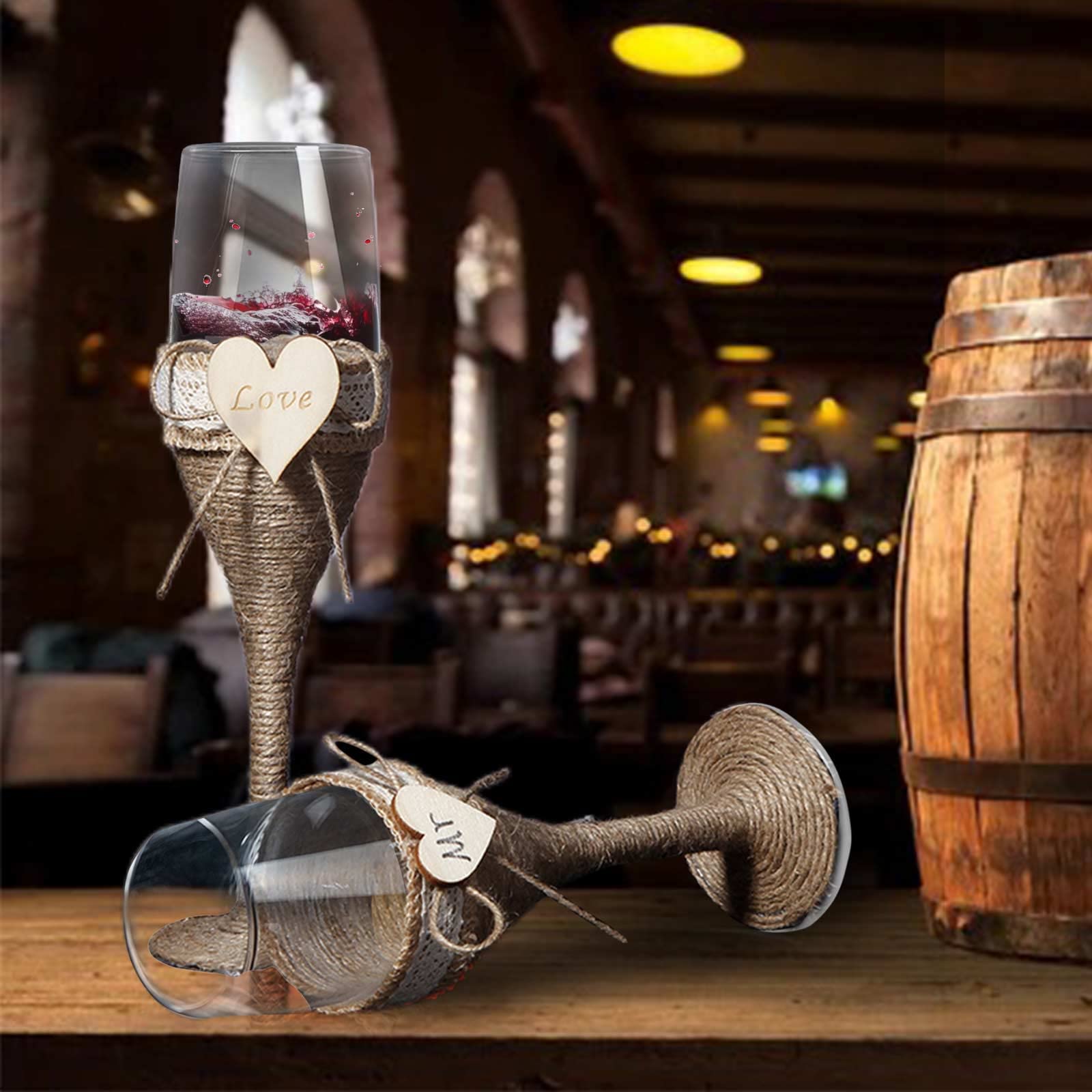 Set di 4 calici da champagne rustici per brindisi da sposa, sposi e sposi per matrimoni, champagne, spago di iuta naturale, decorazione per matrimoni