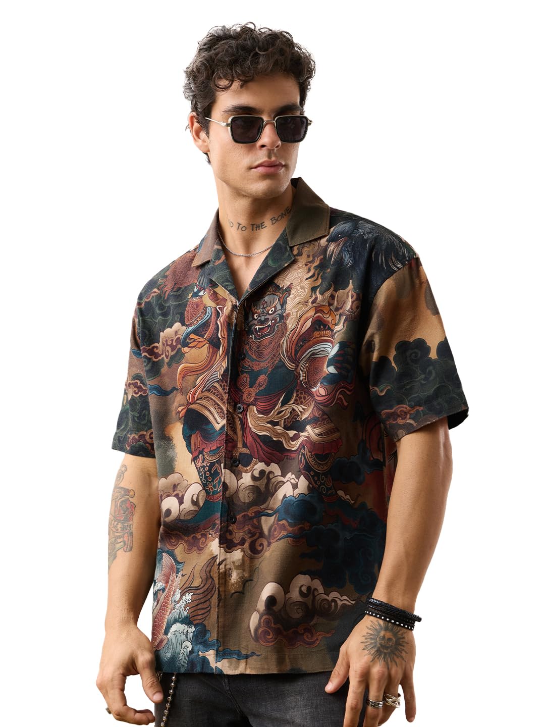 the souled store Designer Shirt: Navrasa Men and Boys Short Sleeve Cuban Collar Multicolour Printed Cotton Regular Fit Breathable Artistic Expression Trendy Holiday Shirt-picture-54
