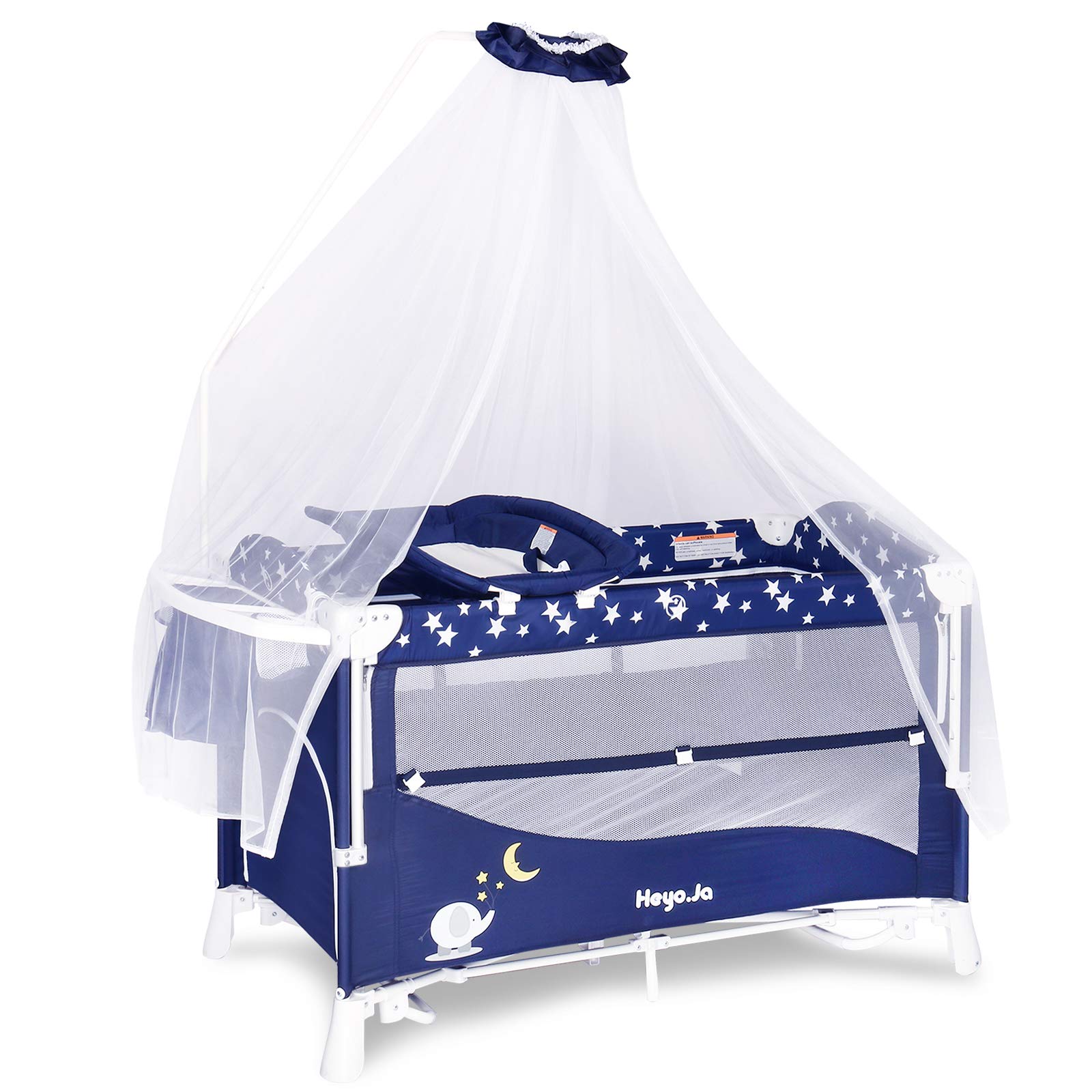 Heyo.Ja Double Layer Baby Playard, 5 Height Adjustable Crib,Changing Diaper Rack,Foldable Bassinet Bed with Luxury Mosquito Net,Starry Sky Fence,Two Toys Bag,Wheels & Brake, Carry Bag (Navy)