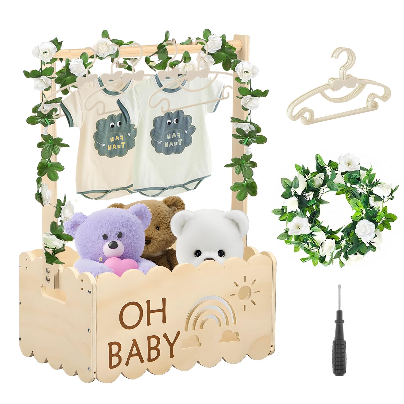 Armoire De Caisse Pour BéBé, Armoire De Douche De BéBé En Bois Panier Cadeau BéBé Pour Fille GarçOn Panier BéBés Avec Rotin Rose Et 5 Cintres Cadeau BéBés Personnalisé Pour Douche De BéBéNouveau-Né