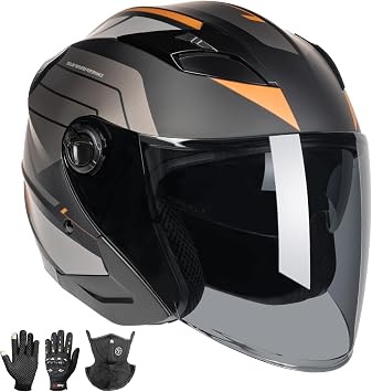 Open Face 3/4 Motorcycle Helmets for Adult Men Women, DOT Approved Dual Visor Street Bike Racing Helmet, Motorbike ATV Moped Cruiser Helmet with Gloves & Mask