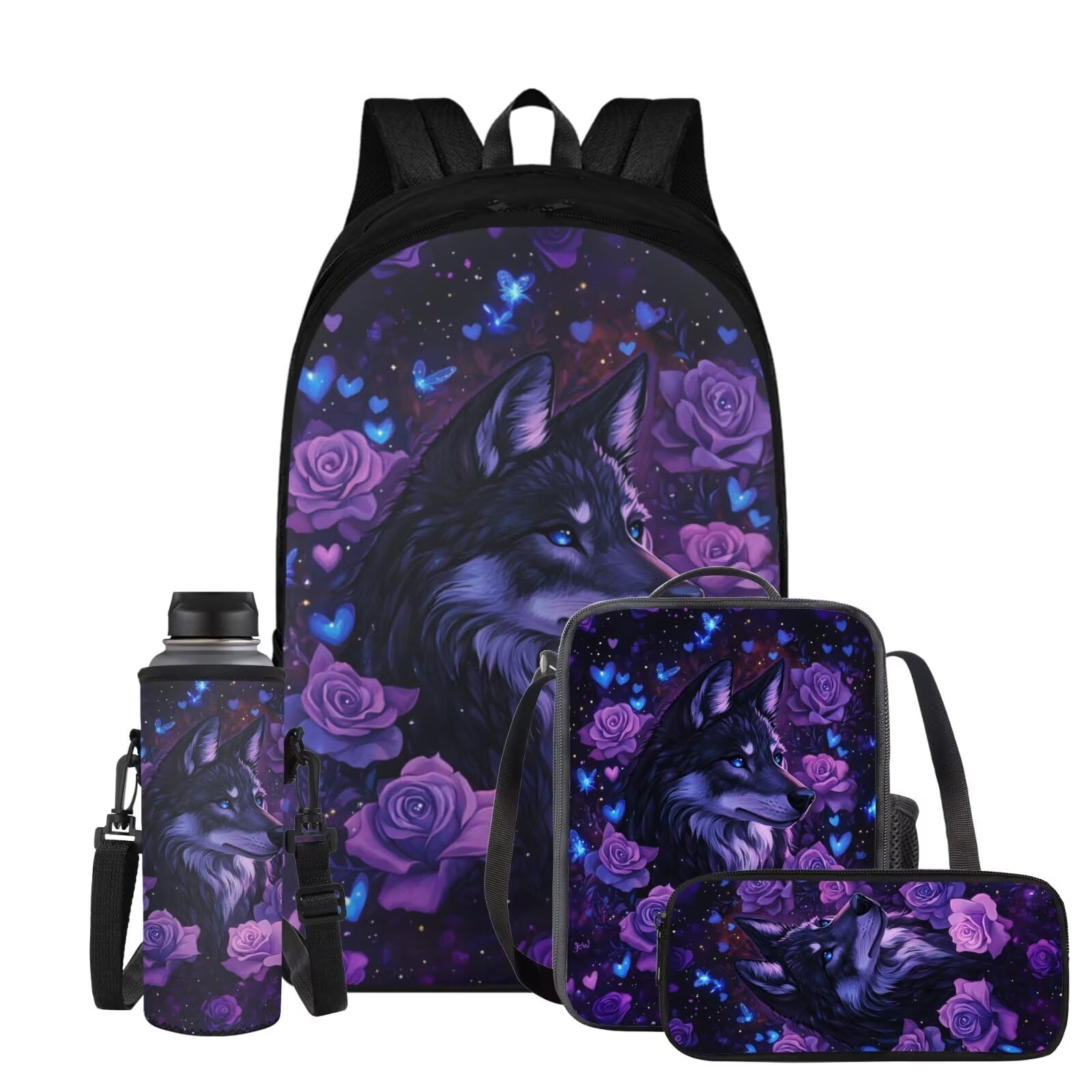 ELEDIZI Aesthetic Wolf Backpack for Girls Kids Backpack with Lunch Box Water Bottle Carrier with Strap and Pencil Case Pouch 4 in 1 17 inch Large
