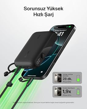 Belkin Taşınabilir Şarj Cihazı, 10.000 mAh USB-C İnce Güç Kaynağı, 2 USB-C Port, Dijital Pil Göstergesi, 20 W Hızlı Şarj, iPhone 17, 16 Serisi, Samsung Galaxy S25, S24, Pixel 9, iPad ve Fazlası, Siyah