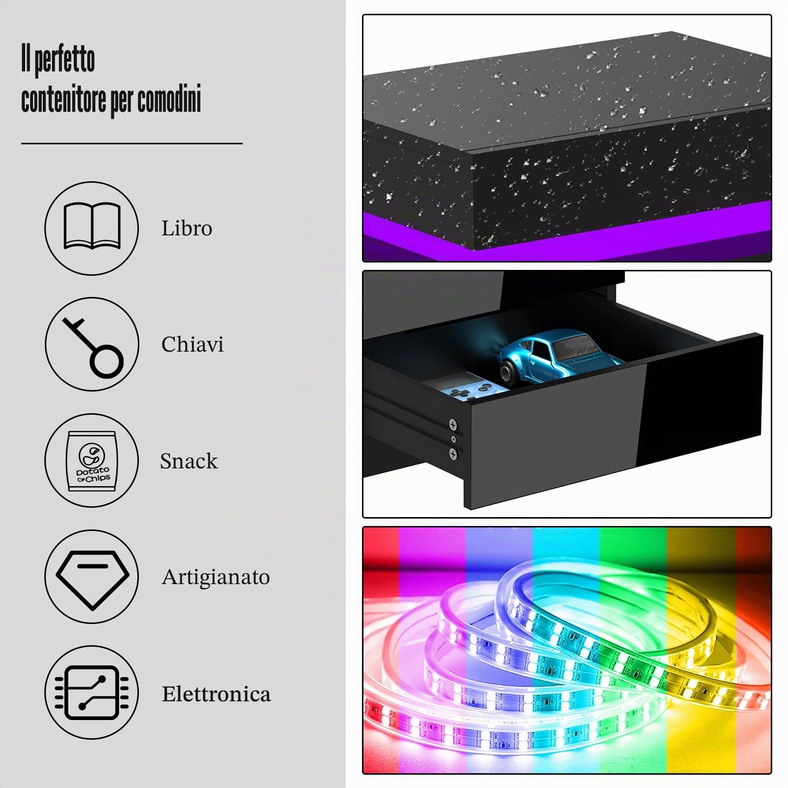 Comodino lucido con luce LED RGB, 3 cassetti, nero comodino in legno, con chiusura a flip-top, per camera da letto, soggiorno(45 x 35 x 61 cm)