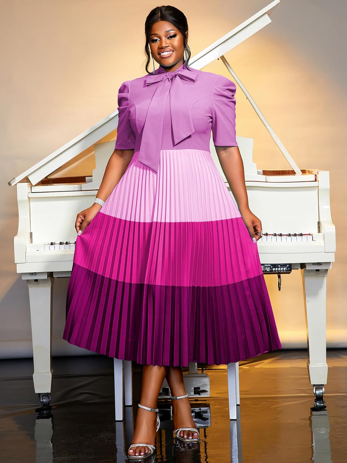 AOMEI Women's Colorblock Bowtie Neck Half Sleeve Pleated A-Line Midi Dress - Image 5