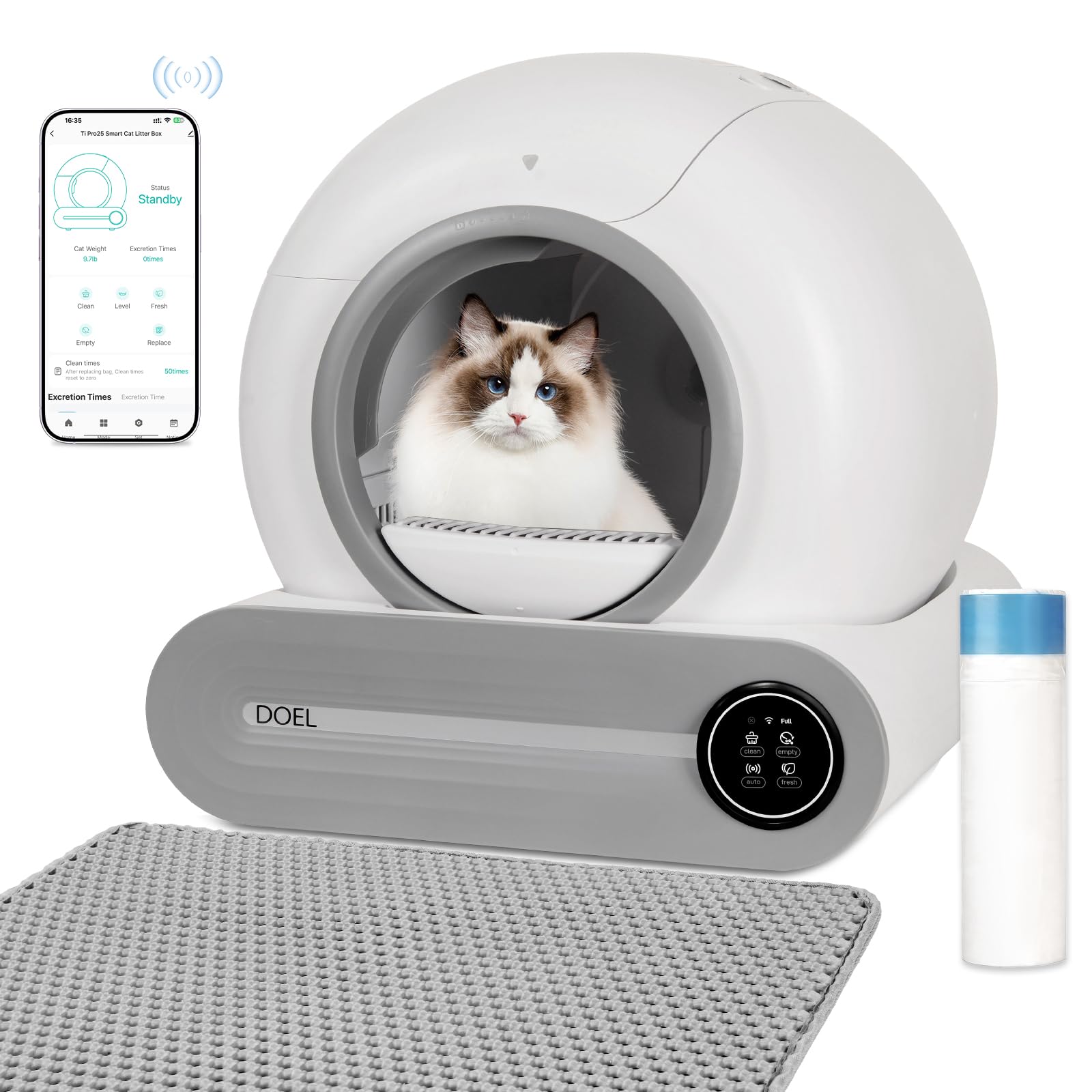 DOEL Lettiera automatica migliorata, eliminazione degli odori ionici | Controllo app, registrazioni della lettiera per gatti, grande spazio da 65 l, funzione anti-blocco, basso rumore