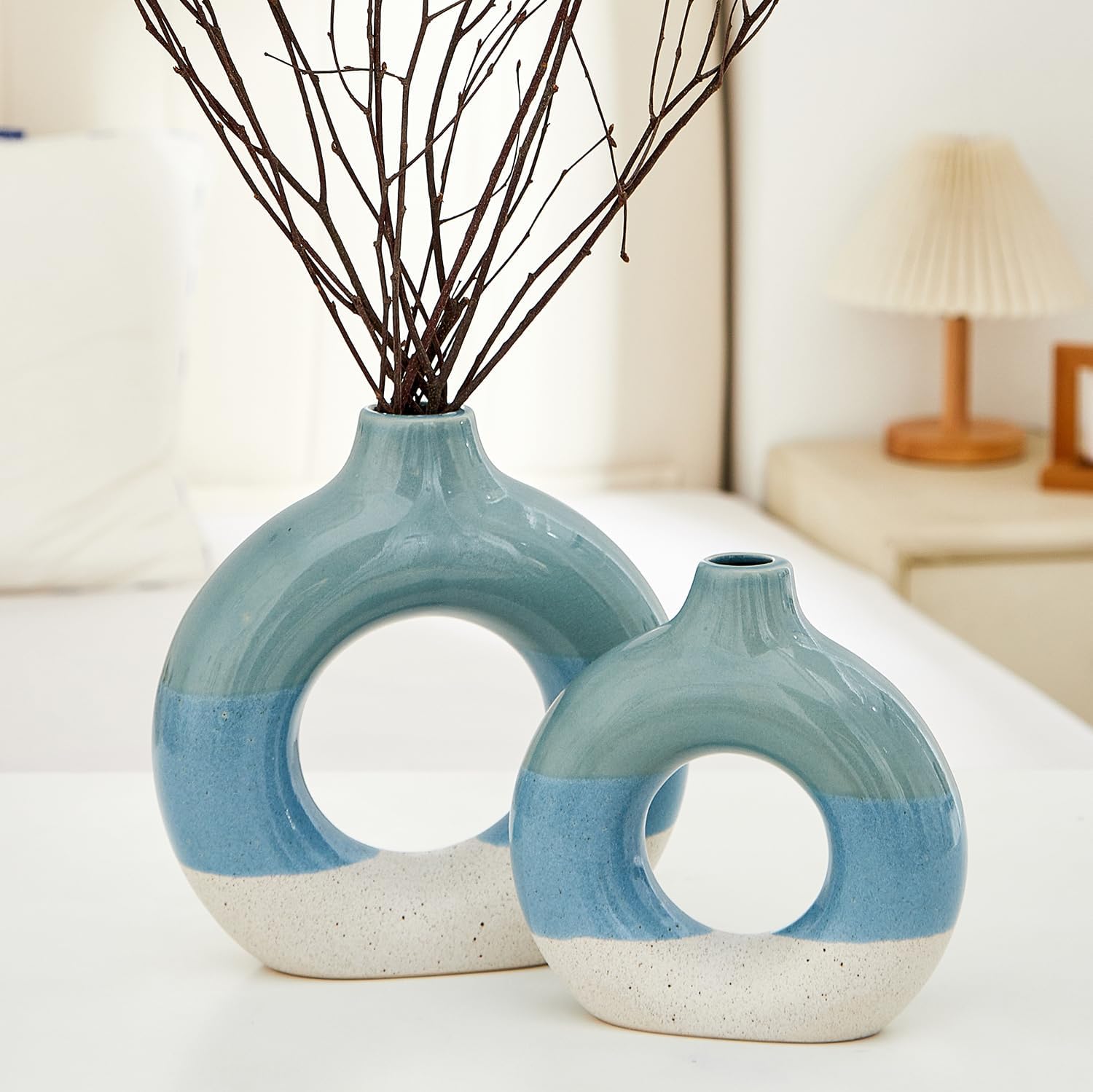Blue Ceramic Vase 3 Sets,Farmhouse Vase for Country Home Decoration, Tabletop Decor, Bookcase, Fireplace and Entrance Decoration.