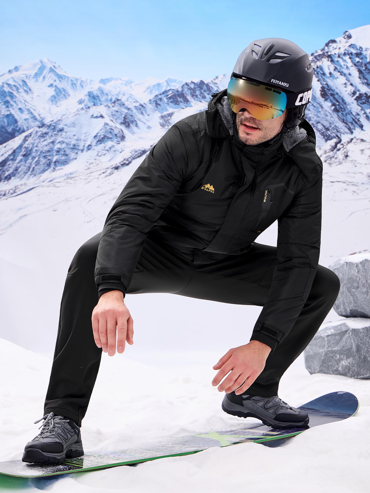WULFUL Men's Ski Jackets Warm Winter Snow Windbreaker Resistant Snowboard Fleece Coat Mountain Waterproof Parka with Hood