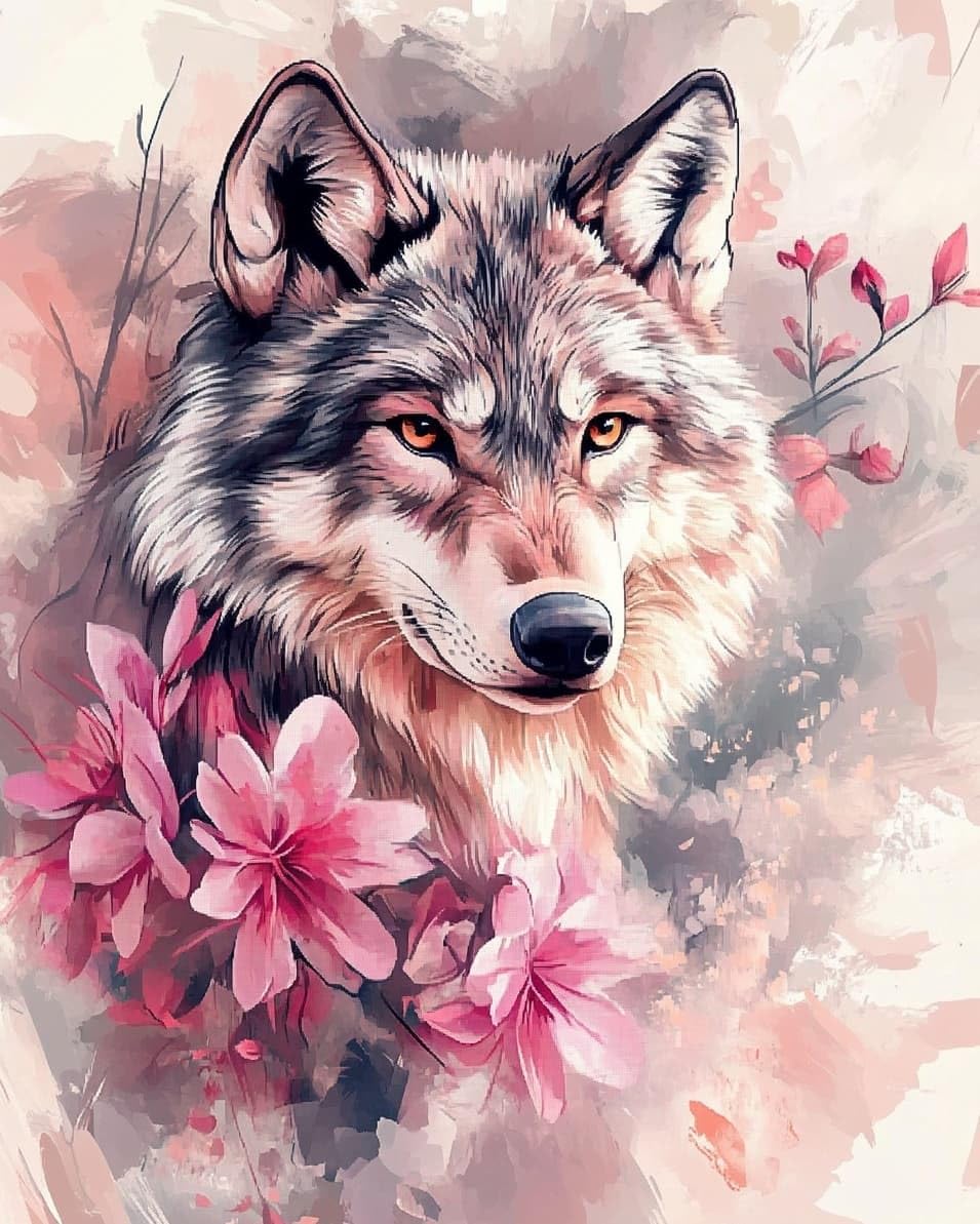 WallustrioaW Cross-Stitch Kits for Adults Beginners,Wolves and Flowers,11CT Stamped Embroidery Kits DIY Pre-Printed Canvas Art Home Decoration,16x20in