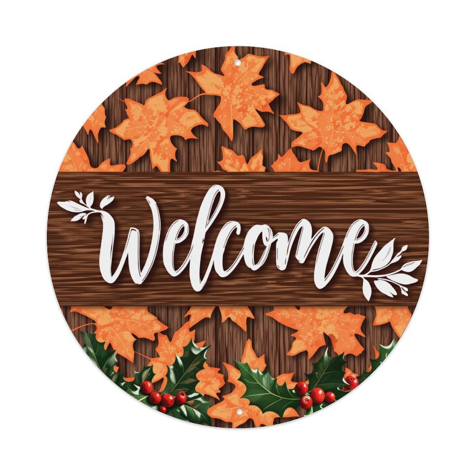 Autumn Leaves Sign Welcome Round Tin Sign Vintage Metal Poster, Home Bar Garage Man Cave Cafe Indoor & Outdoor Wall Decoration 8x8Inches