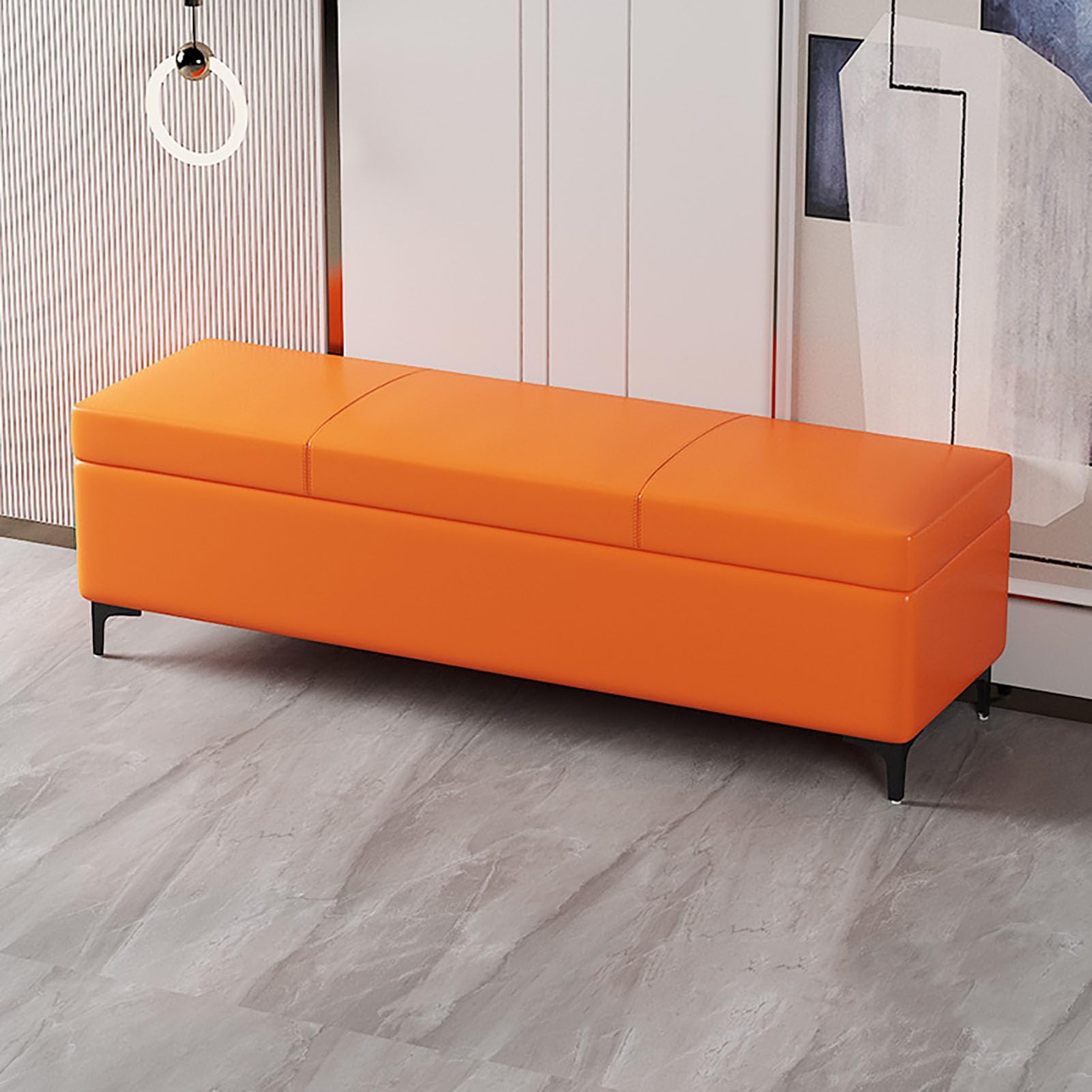 Pouf moderne de bout de lit et banc de rangement en cuir avec pieds en métal
