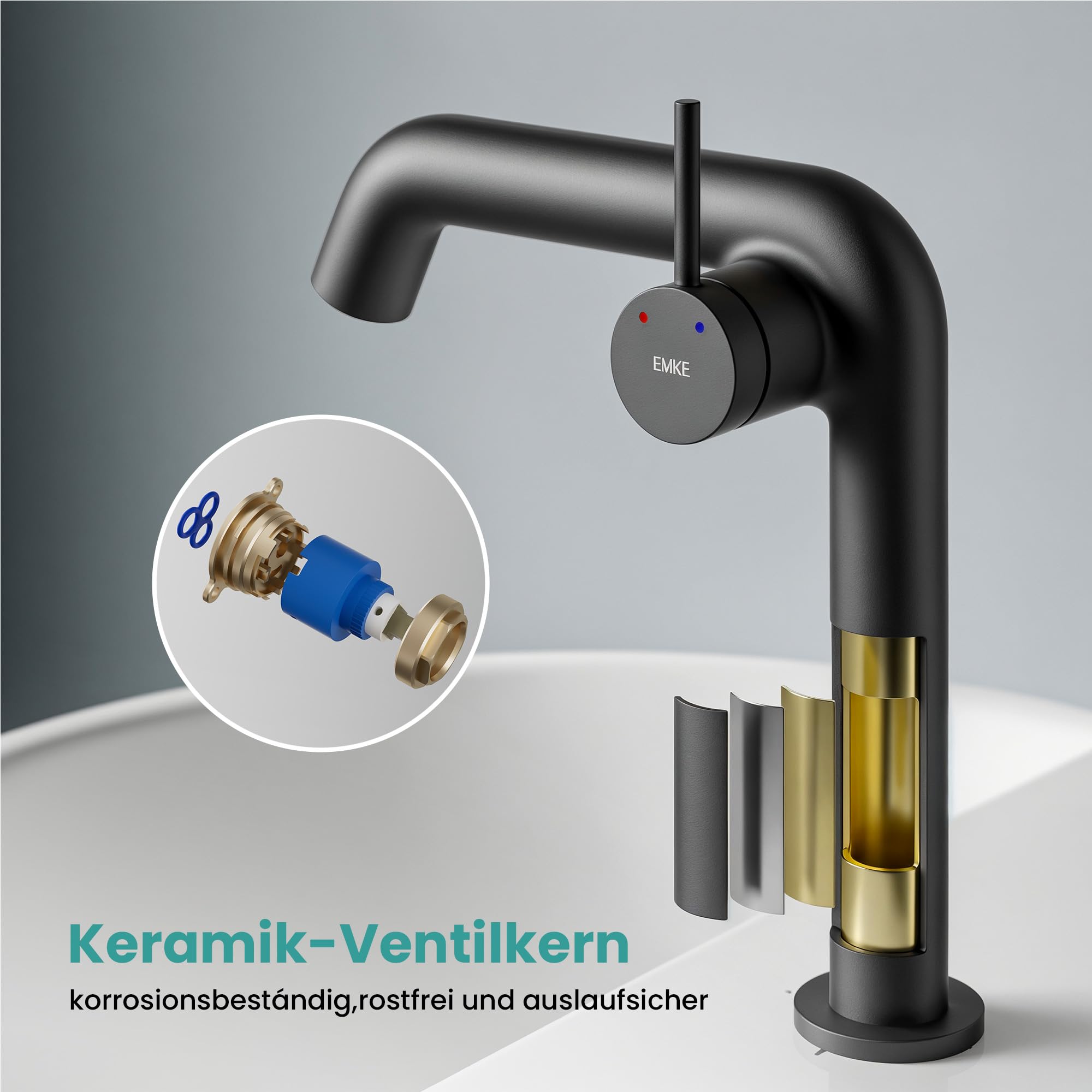 EMKE Grifo de baño negro mate, 222 x 200 x 76 mm, latón, cartucho de cerámica, grifo de baño, grifo con aireador, grifo de lavabo, grifo mezclador de lavabo de fácil instalación