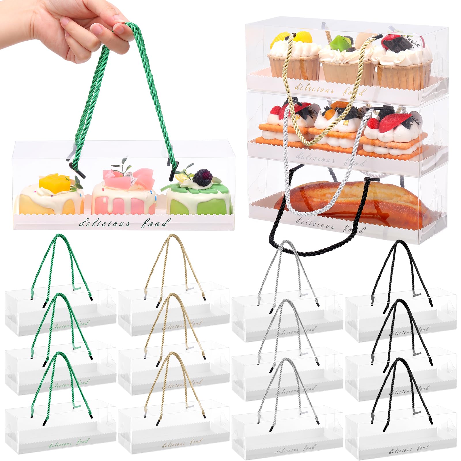 Maxdot40 Pcs Clear Cupcake Boxes 9 x 3 x 3 Inch Portable Plastic Bakery Roll Cake Box with Paperboard and Handle Rectangular Cupcake Containers Dessert Cookies Gift Boxes for Cookies Party Favor
