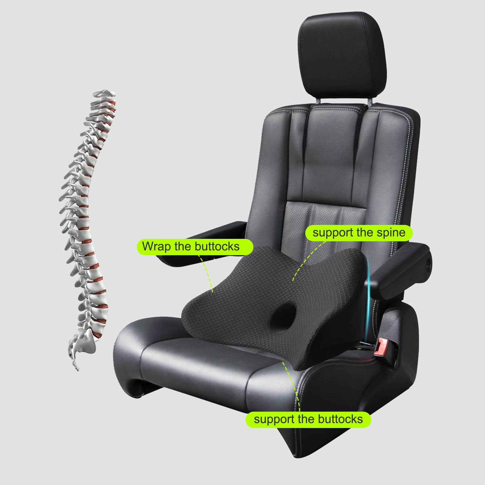 Coussin Lombaire Voiture En Mousse Mémoire De Forme - Support Dos Ergonomique Pour Siège Auto Ou Bureau - Gris