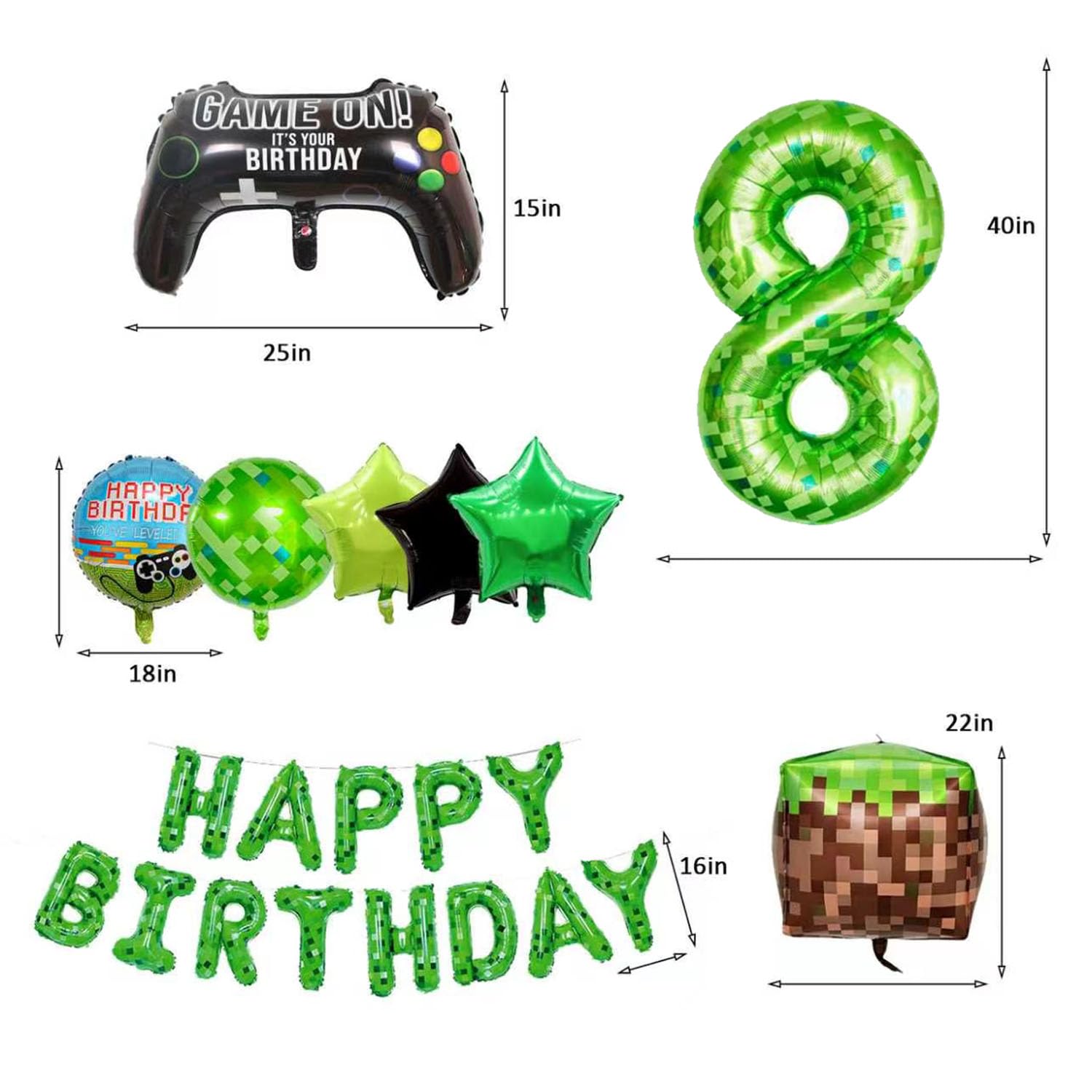 25 sztuk balonów na przyjęcie urodzinowe, gra pikselowa, zestaw gier z banerem "Happy Birthday", balon foliowy z cyfrą 102 cm, balony blokowe z trawą, balon z gamepadem dla dzieci, chłopców