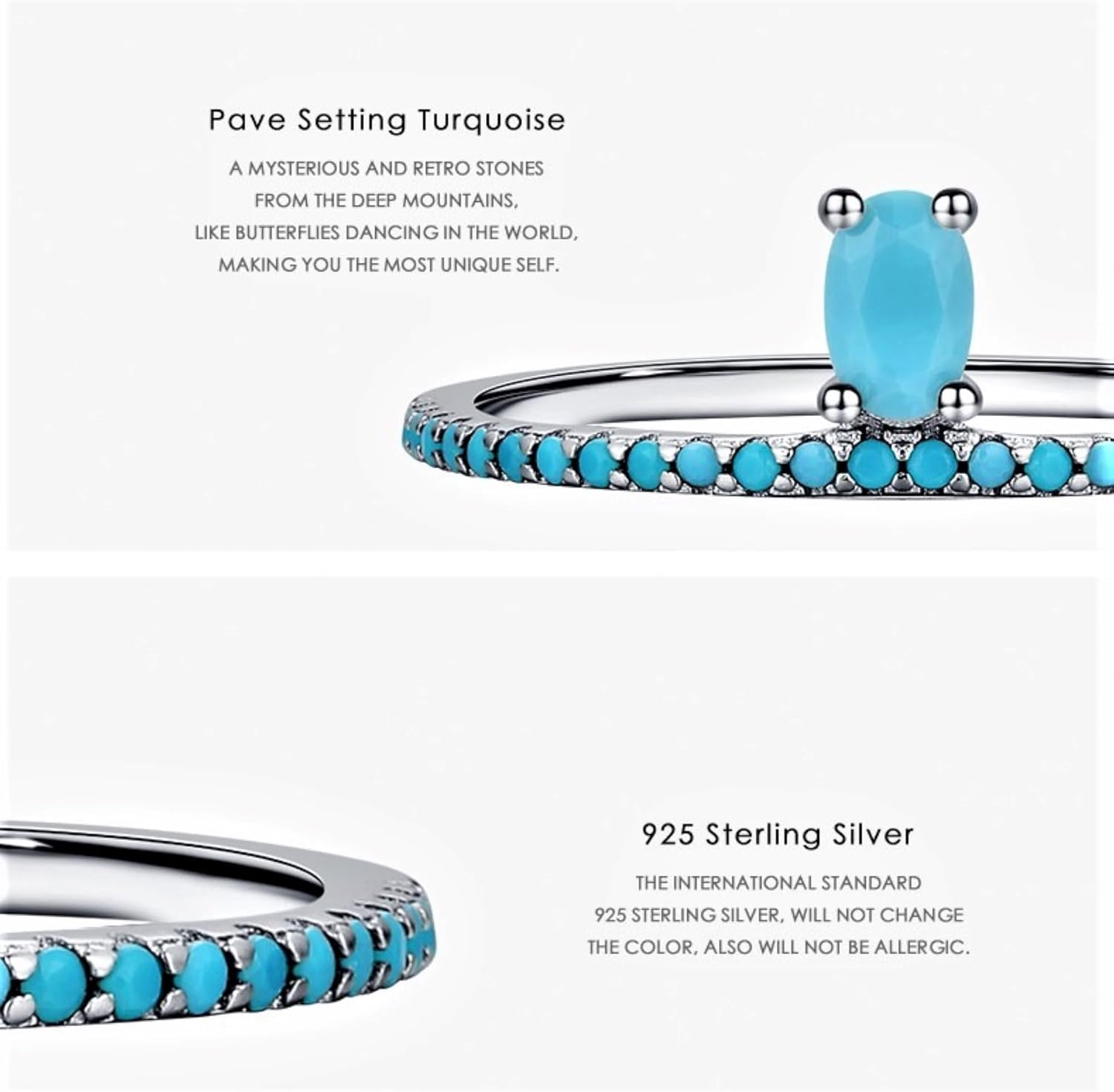 Turquoise Stackable Ring for Women Girls, 925 Sterling Silver Wedding Promise Rings Blue Stone Stacking Statement Band Ring