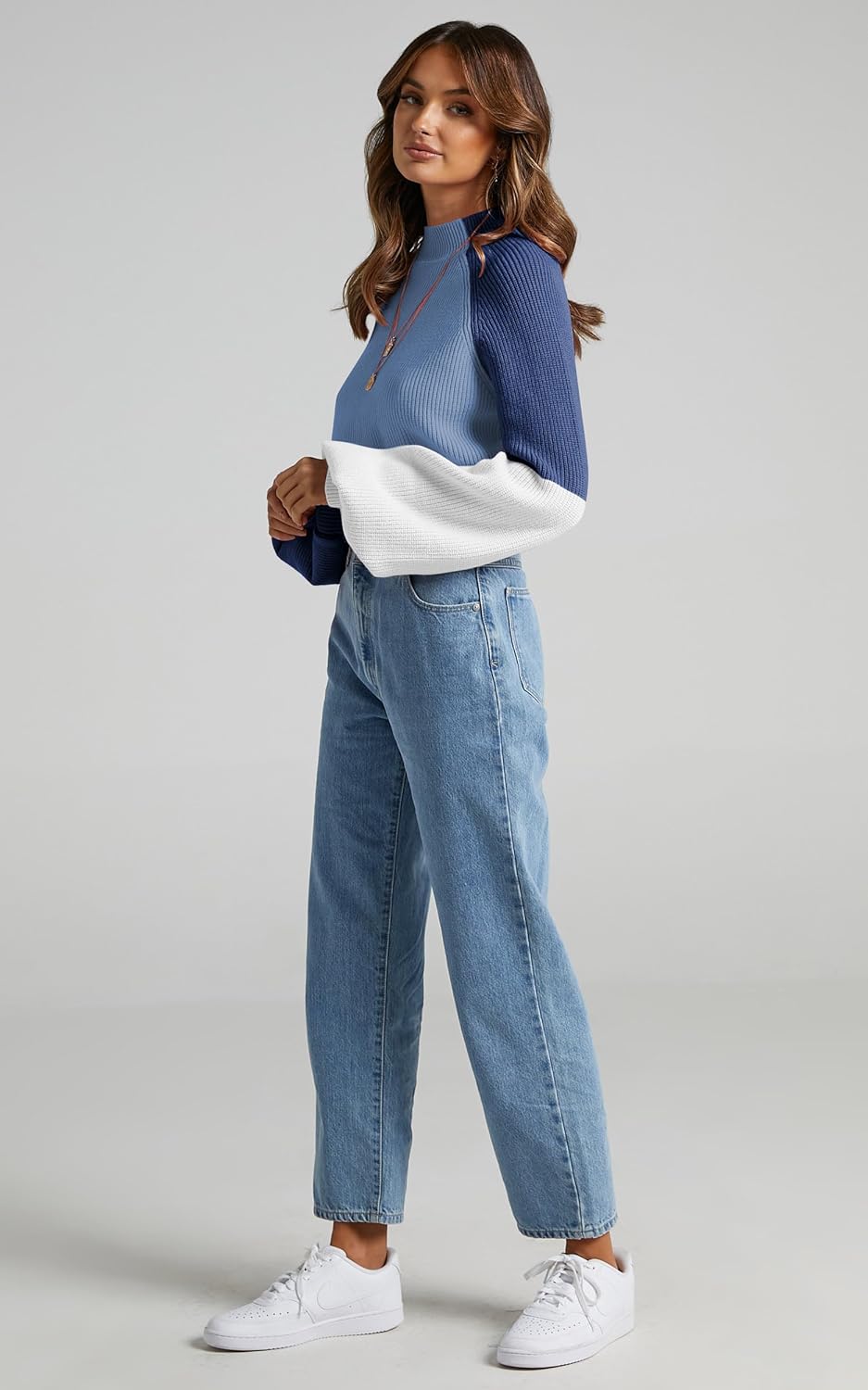 ZAFUL Womens Mock Neck Cropped Sweaters Color Block Lantern Sleeve Pullover Tops 2025 Fall Clothes Winter Outfits - Image 6