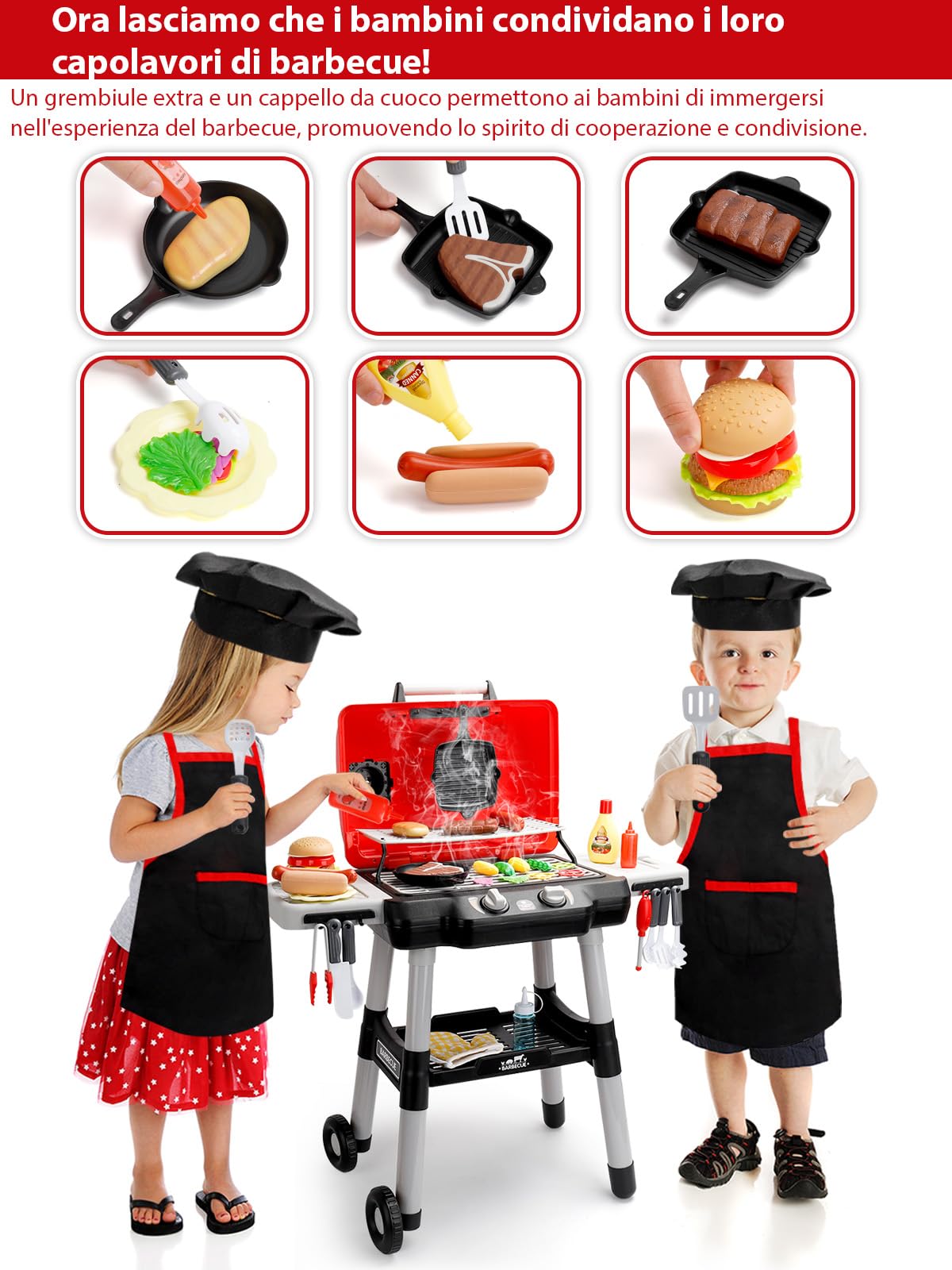 Grill da cucina per bambini con luci, suoni e fumo simulato completo di grembiule e cappello da chef compleanni giocattoli interattivi per piccoli chef