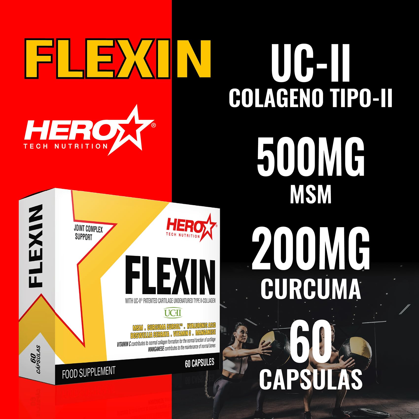 HERO TECH | FLEXIN 60 caps. | Apoyo a la Salud de Articulaciones | Con Colágeno, Cartílago y MSM | 7 ingredientes activos para mejorar la salud articular y regenerar el tejido conectivo | Sin OGM
