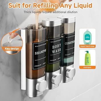 Shampoo and Conditioner Dispenser,Shower Dispenser 3 Chamber No Drill Wall-Mounted Shampoo Dispenser for Shower Wall Mounted Shower Soap Dispenser for Bathroom Hotel Large Capacity,Silver