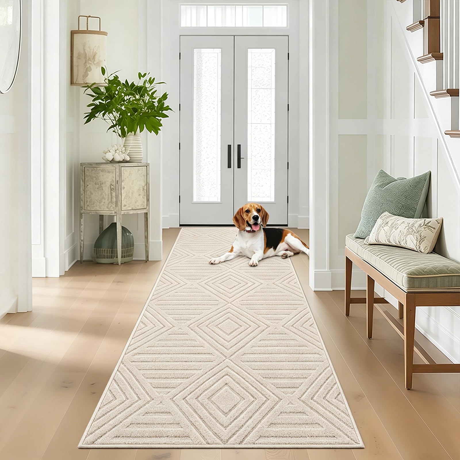 Capslpad Alfombra Pasillo 80x200cm Beige Moderna Lavable Alfombra de Cocina Alfombra Geometría 3D Efecto Alto-Bajo Antideslizante Alfombras Suaves Alfombras para Salón Dormitorio