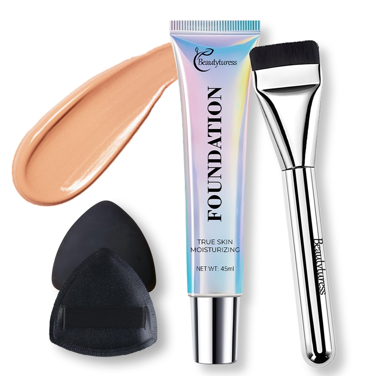 Hydrating Foundation Liquid 45ml - Medium Coverage, Natural Skin Finish, Buildable & Long Lasting Makeup with Hyaluronic Acid & Niacinamide - Includes Foundation Brush & Blender Sponge (C06)