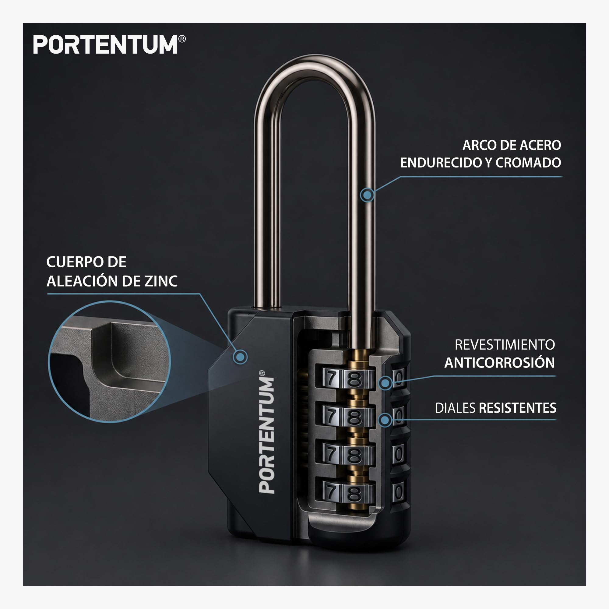 PORTENTUM Candado combinacion arco largo 4 dígitos – Caja de 20 candados en 10 packs de 2 – Candado exterior negro con arco de acero – Candado taquilla gimnasio para taquillas y trasteros