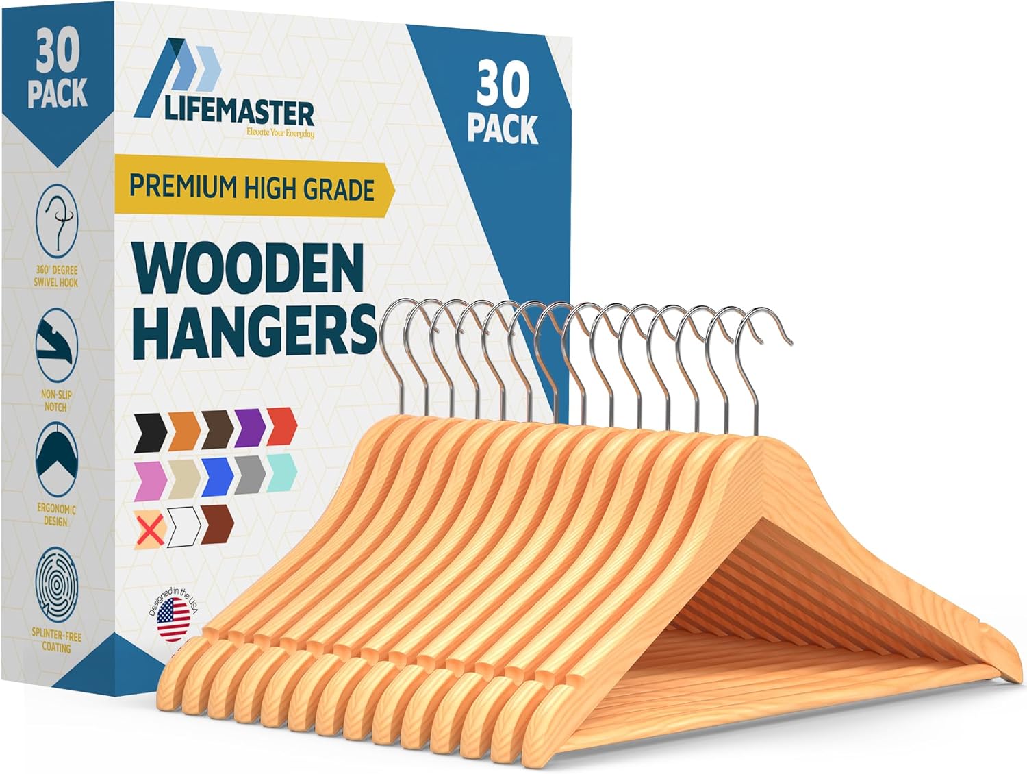 Wooden Hanger Set - 30 Pieces Non-Slip Versatile Closet Space-Saving Hanger Set for Suit, Coat, Camisole, Jacket, Pants, and Dresses with Rotating Swivel Hook - Natural Wood