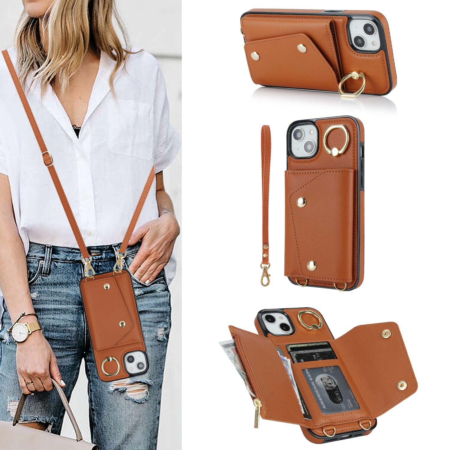 Vervebear Compatible with iPhone 13/14 Crossbody Wallet Case with Card Holder for Women,Phone Case RFID Blocking PU Leather Zipper Handbag Flip Cover