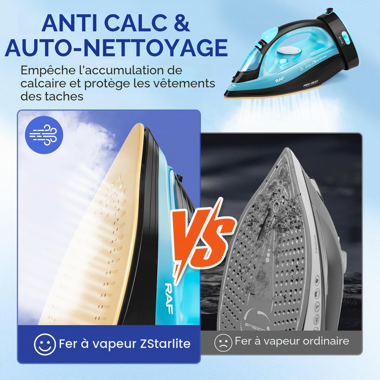 Powersteam Ultra Fer à repasser à vapeur sans fil 2400 W Semelle en céramique, anti-calcaire et anti-gouttes, fonction pulvérisation, vapeur verticale, autonettoyant avec réservoir d'eau de