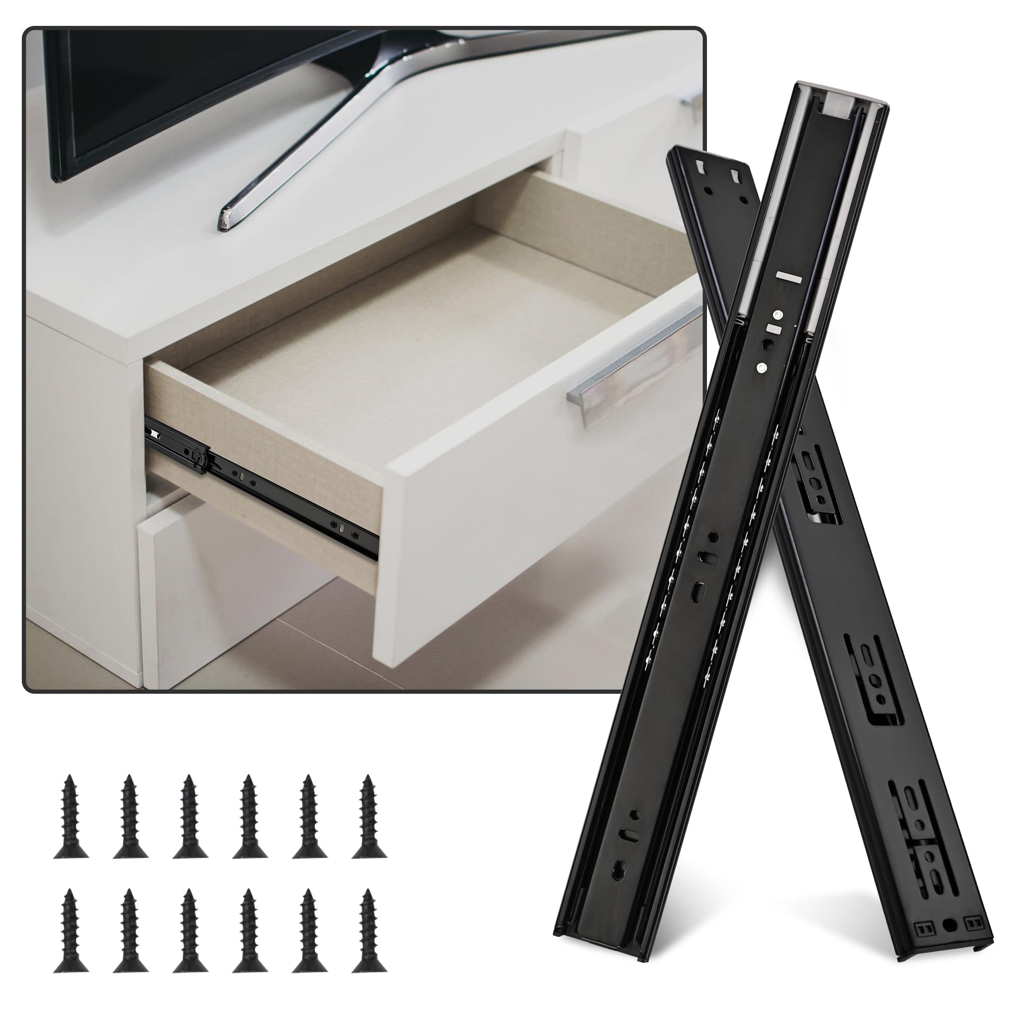 Schubladenschienen mit Absenkautomatik, 35,6 cm, 6 Paar, Vollauszug, 45,4 kg Tragkraft, Kugellager-Schienen für Kommode, Aktenschrank, Schwarz
