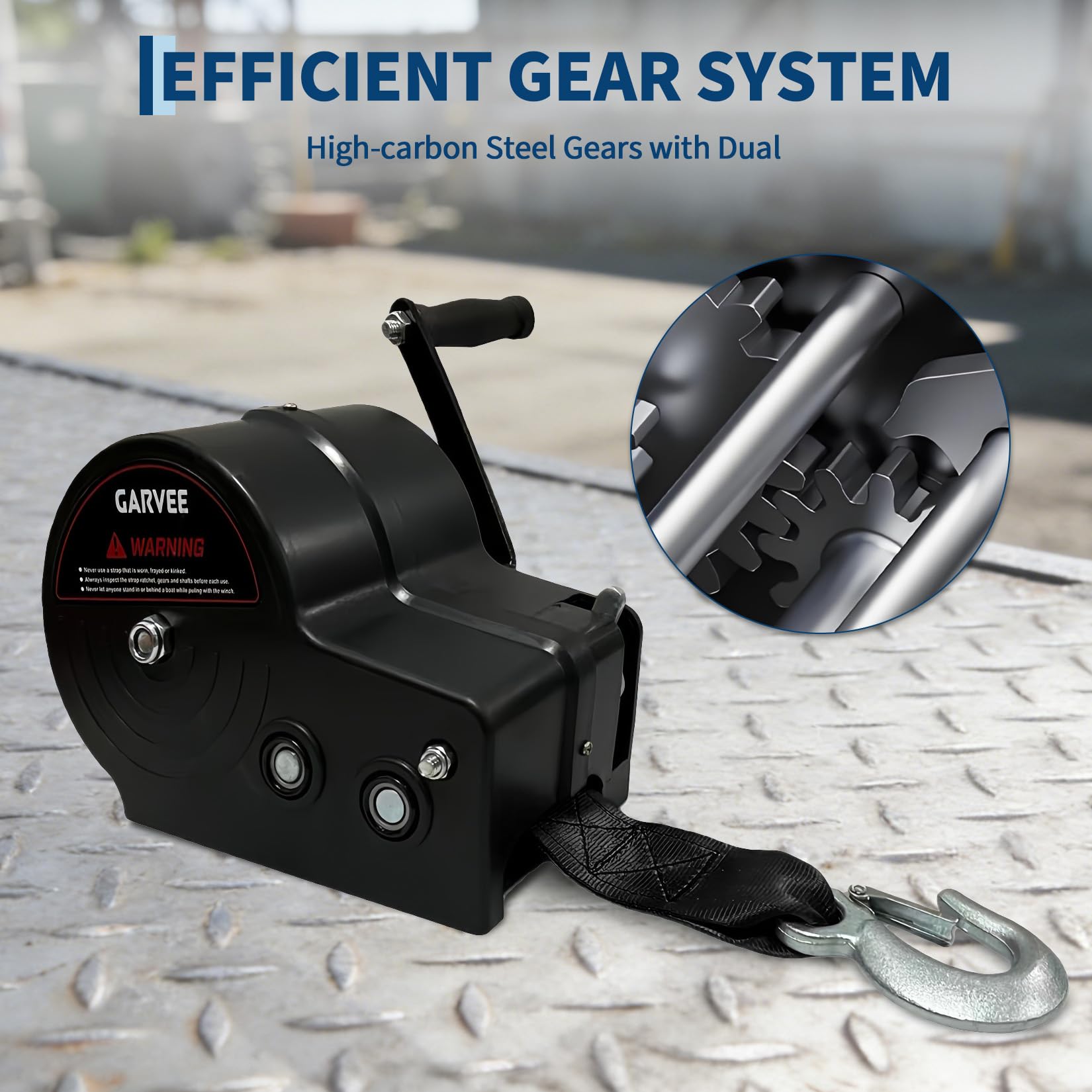 Garvee Treuil Manuel Robuste 3500lbs Pour Remorque Bateau – Sangle 10m, Double Rapport 4:1/8:1, Acier Galvanisé, Pour Remorque, Camion, ATV, Jet Ski – Poignée Standard, Noir
