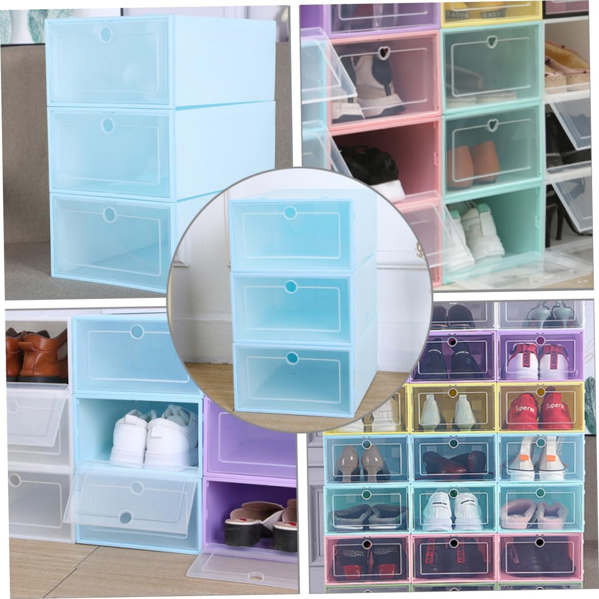 6pcs Transparent Drawer Shoe Boxes Stackable Plastic Shoe Storage Containers with Dustproof Flip Cover for Men Blue Organizers