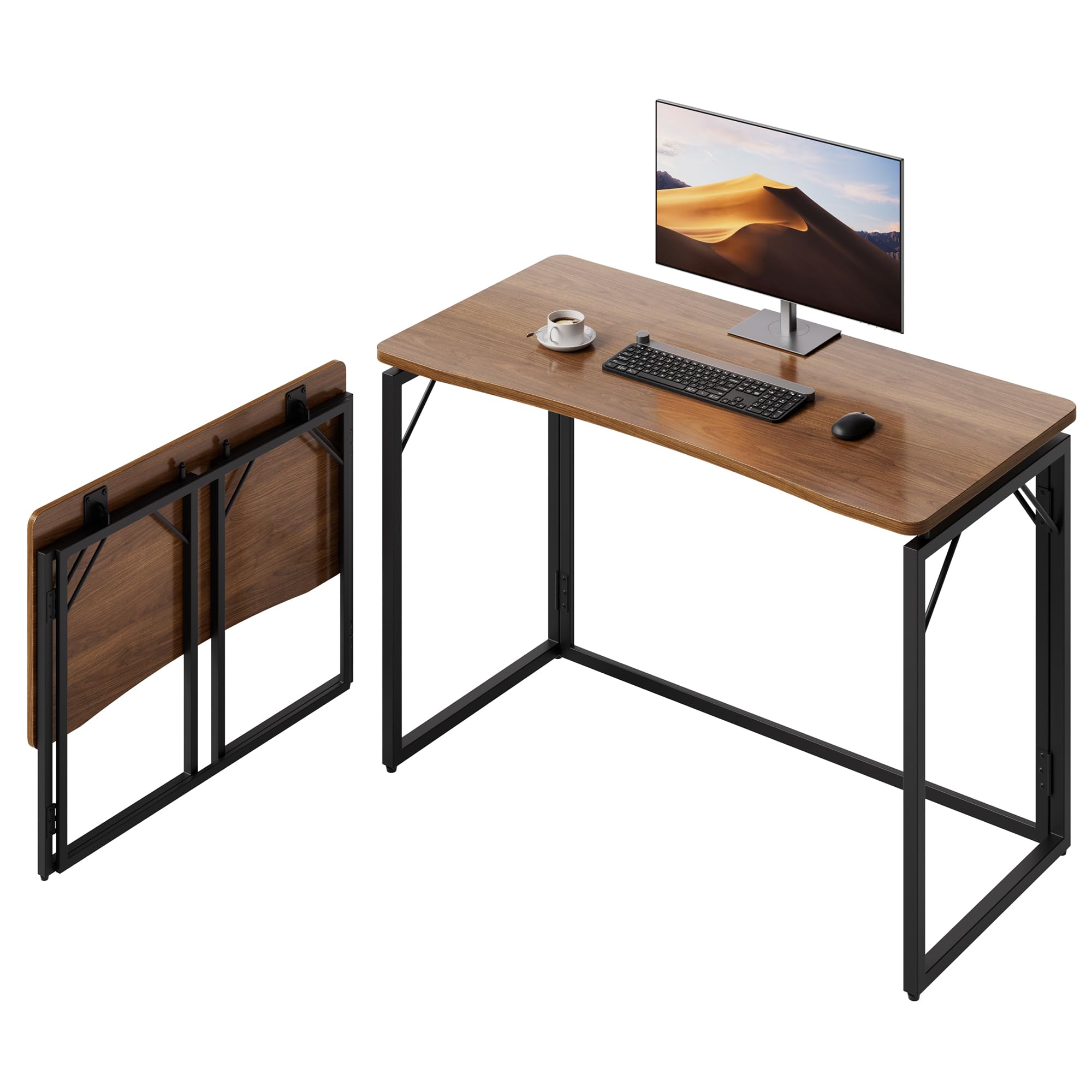 JOYMOOP 100 x 50 cm Folding Desk - Brown, No Assembly Middle Size Foldable Desk for Home, Office, Wooden Top Folding Computer Desk for Working, Writing, Studying