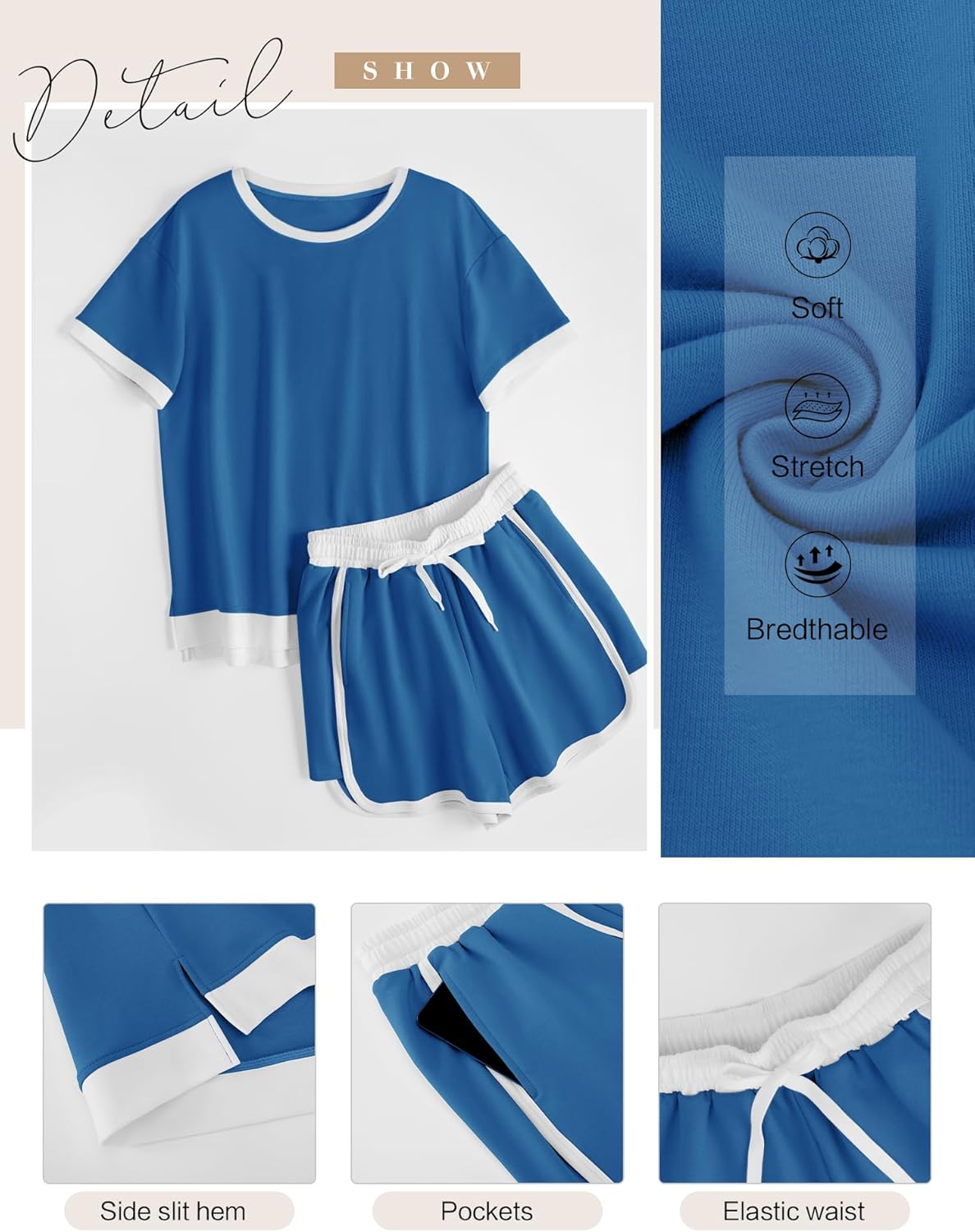 AKEWEI Shorts Sets Women 2 Piece Outfits Casual Short Sleeve Crewneck Tops and Drawstring Shorts Color Block Sets - Image 5