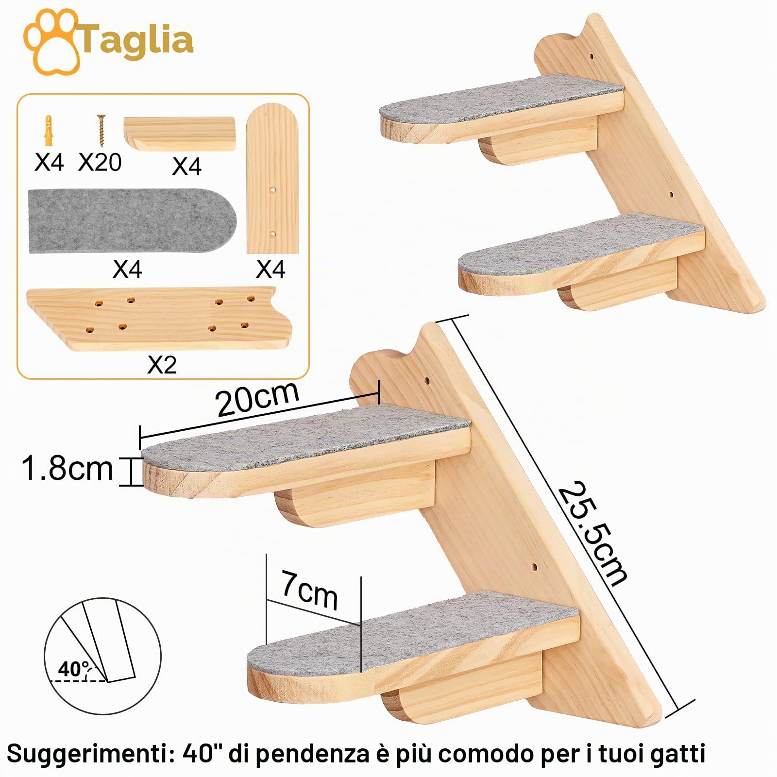 Mensola Montata a Parete per Gatto, Scala Mobili Quattro Passi in Legno Coperto di Peluche, Scaffale per Arrampicata