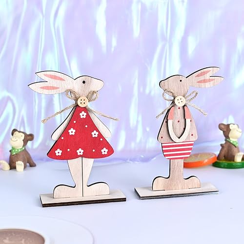 Miniatura 2 de Decoraciones de mesa de conejo de Pascua de madera, paquete de 4 adornos rústicos de conejo de Pascua para centro de mesa, hogar, fiesta, primavera,