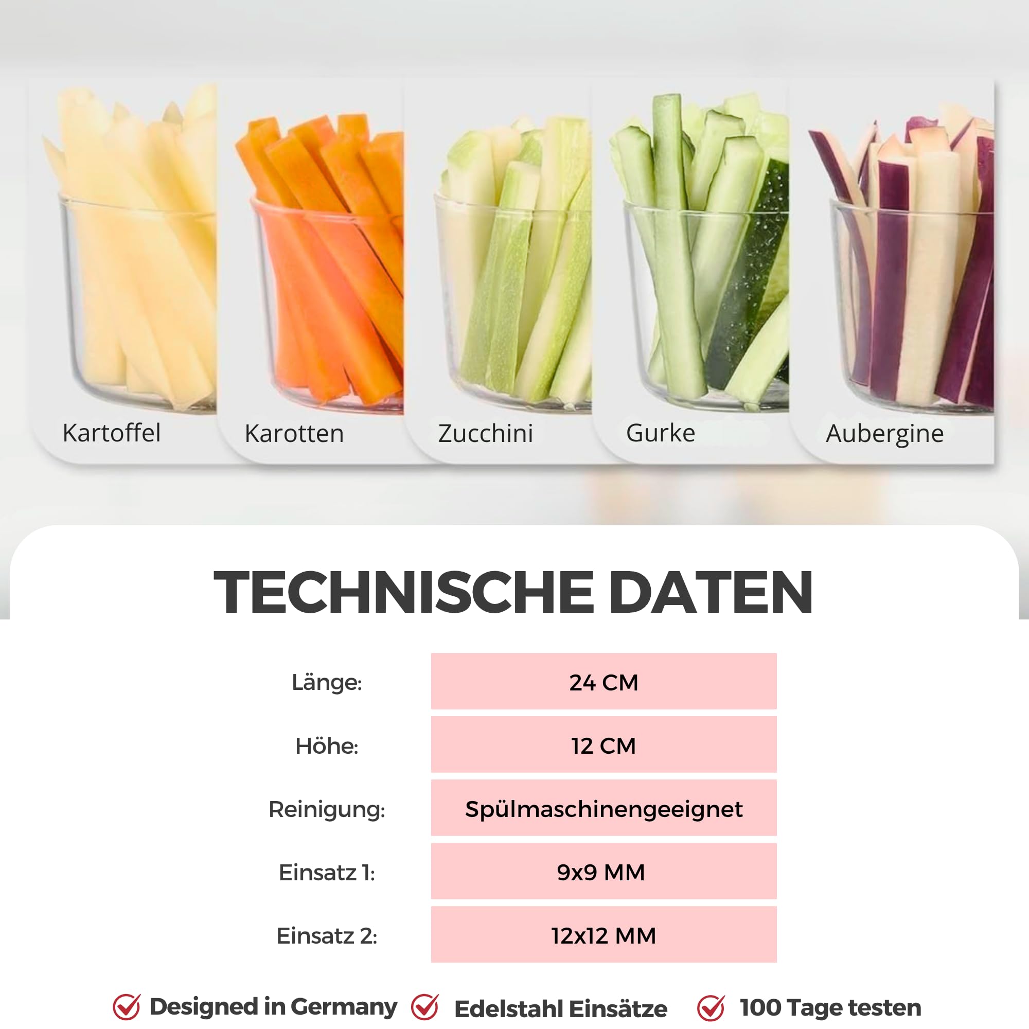 Thiru Premium Pommesschneider mit starker Schneidkraft - Note "sehr gut" - 100 Tage testen - Kartoffelschneider & Gemüseschneider für Pommes, Süßkartoffeln & Obst - mit 2 Edelstahlklingen & Saugfuß