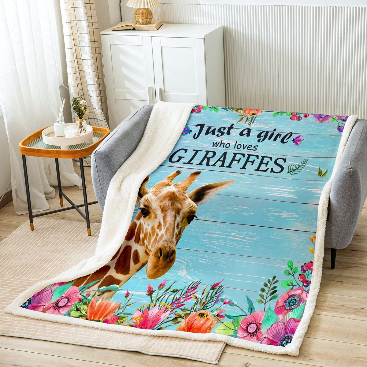 Loussiesd - Coperta in pile con giraffa e Sherpa, per bambini, ragazzi, adulti, motivo geometrico colorato a righe, coperta in peluche, per divano letto, 150 x 150 cm