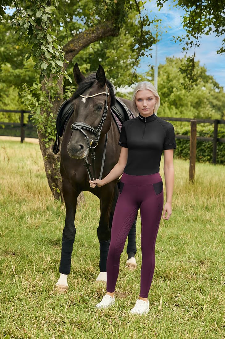 Equinate Damen Funktionsshirt Lunari - leichtes Kurzarmshirt mit Stehkragen und Mesh-Ärmeln - atmungsaktiv elastisch und schnell trocknend für Reitsport und Training