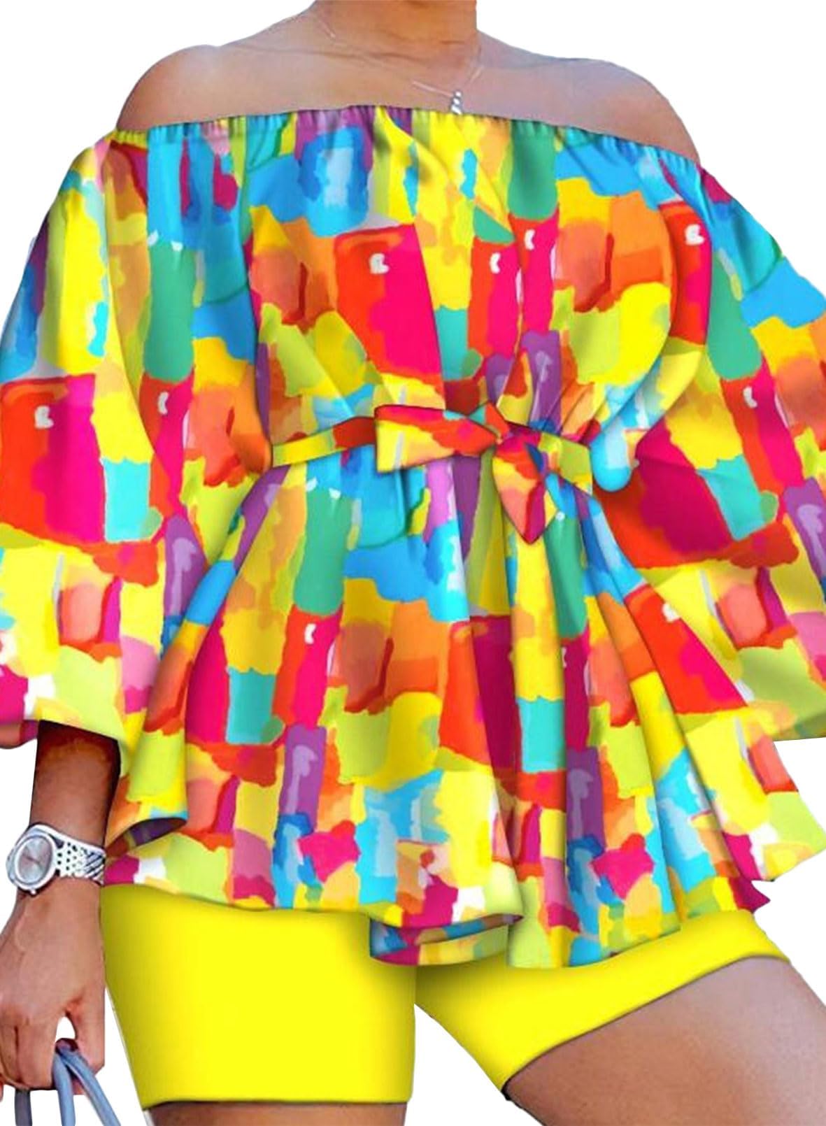 EQQZDmariyshe 2 Piece African Outfits for Women Boho Floral Print Off Shoulder Romper Top Shorts Set, Yellow, L