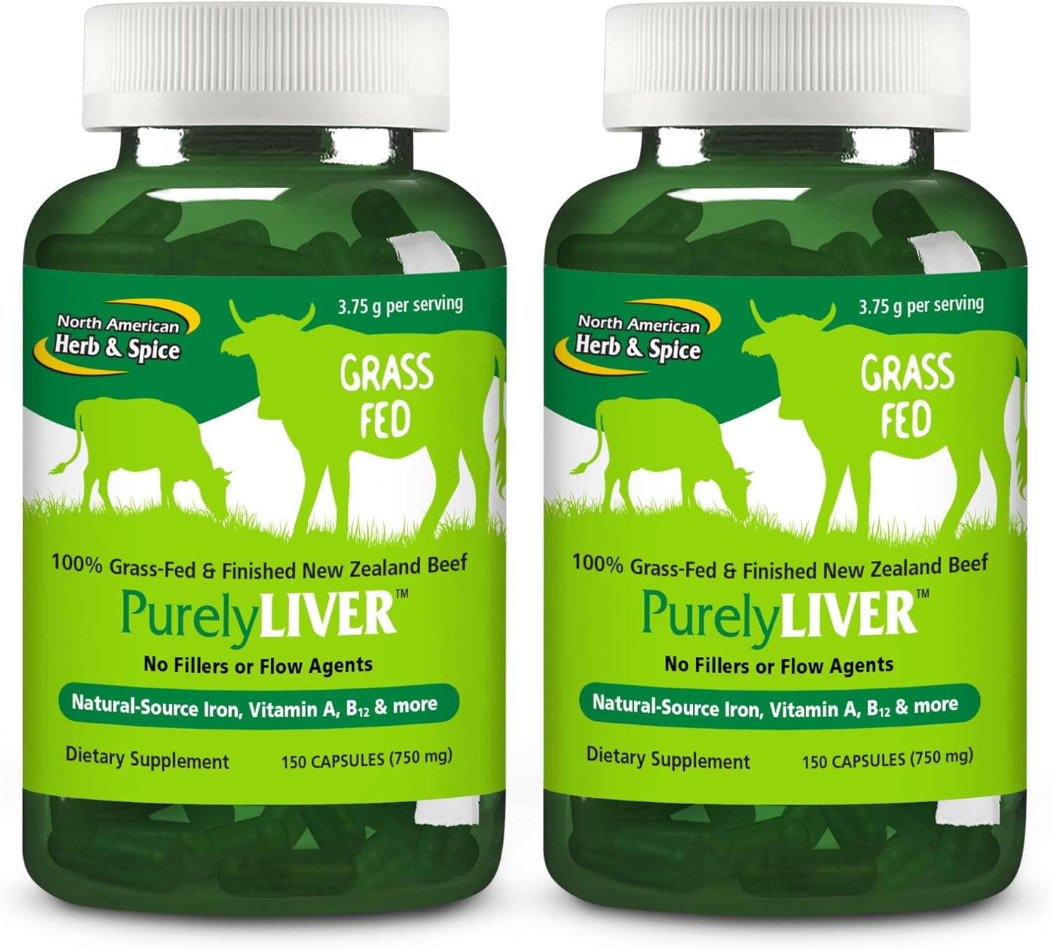 NORTH AMERICAN HERB & SPICE PurelyLiver - 150 Capsules, Pack of 2 - 100% Grass-Fed, Finished New Zealand Beef with Vitamin A, B12 & Iron - 60 Total Servings