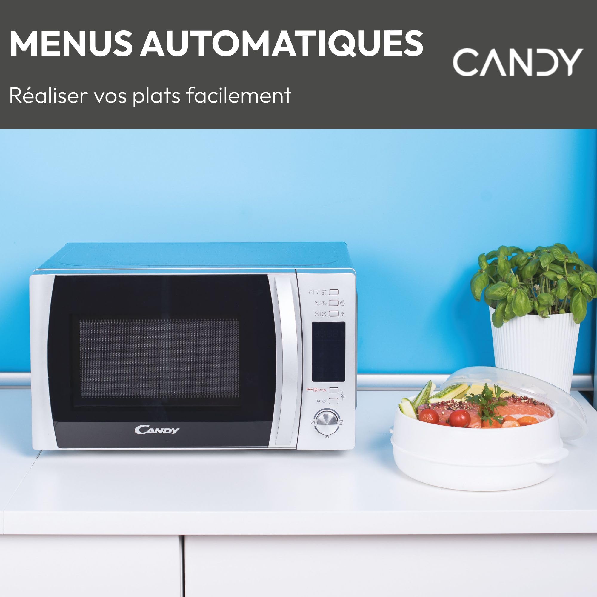 Candy CMXG20DS Micro-ondes, Puissant 700W + Puissance Grill 1000W, Capacité 20L, Ecran numérique, Application Cook-in