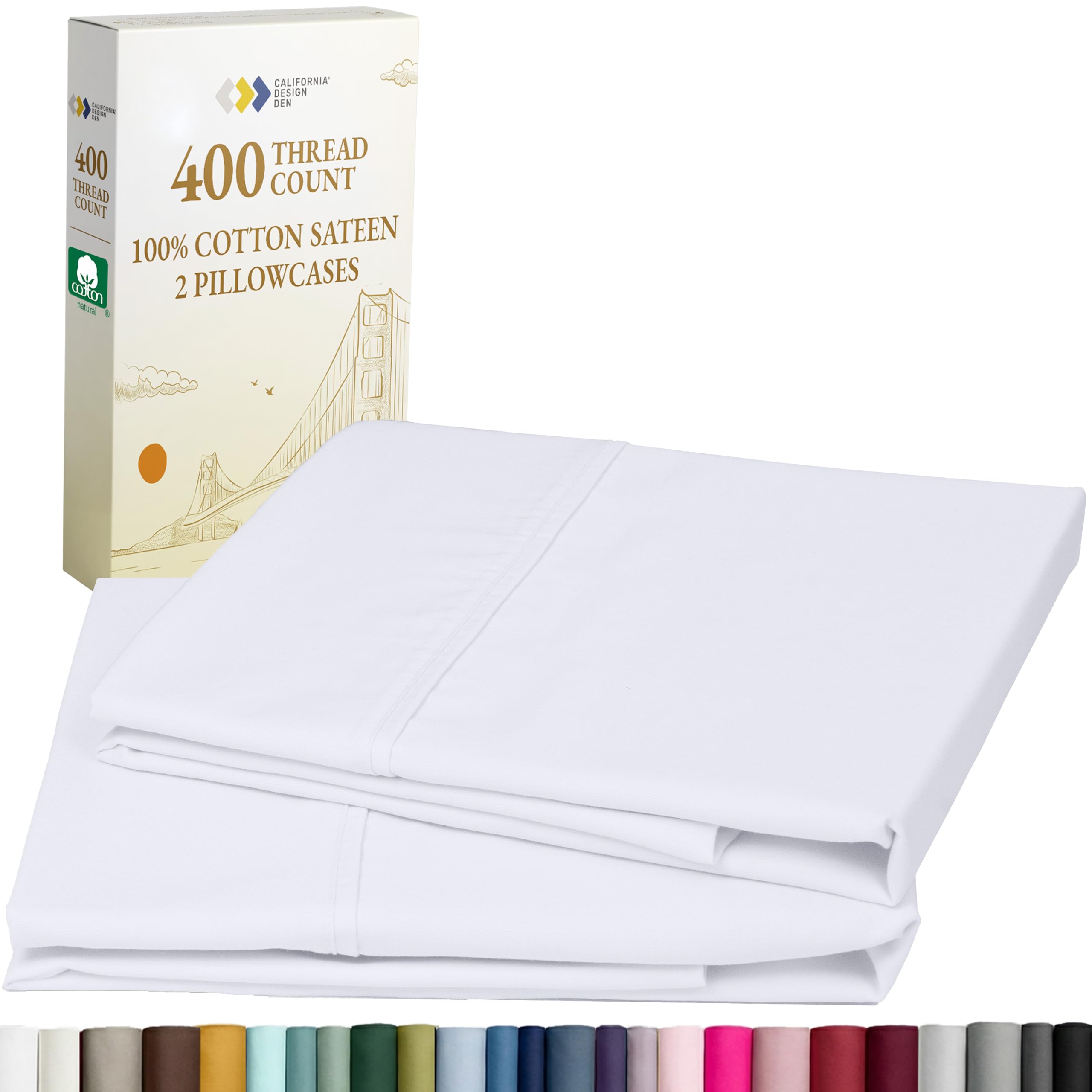 California Design Den Standard Queen Size Pillowcase Set - 400 Thread Count 100 Cotton Sateen Set of 2