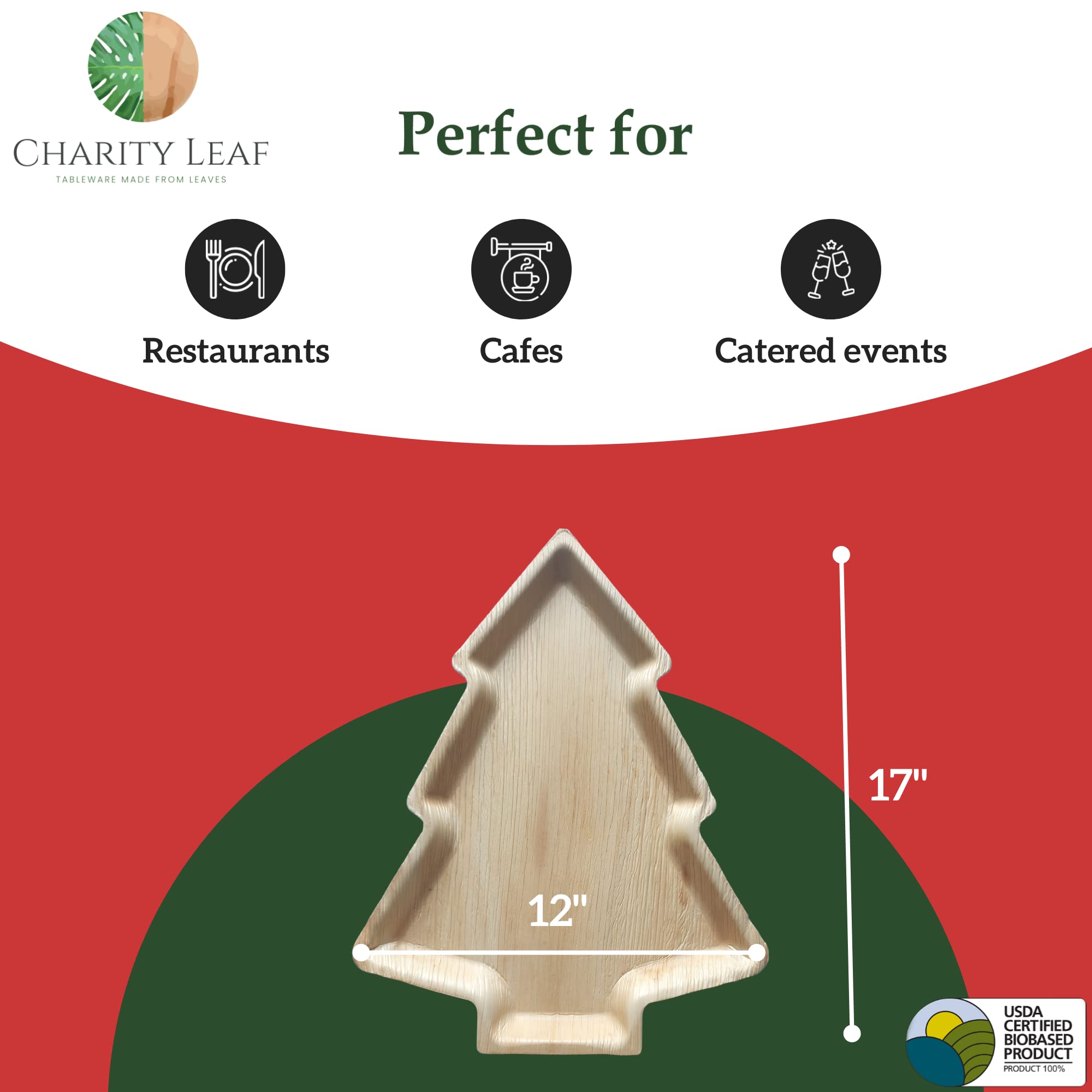 Charity Leaf Platos de Navidad desechables de hoja de palma de 17 x 12 pulgadas (5 piezas) platos de bambú para servir, tablas desechables, vajilla ecológica para Navidad, bodas, catering, eventos